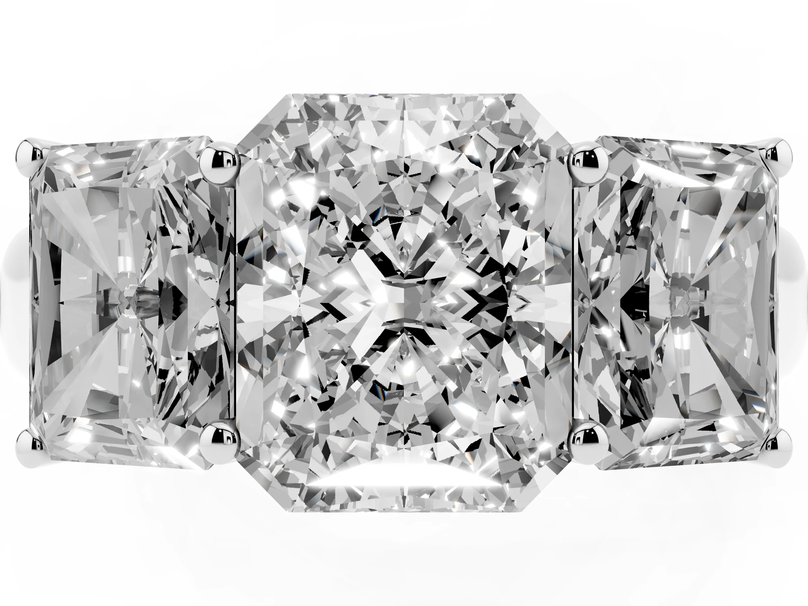 Radiant Cut Diamond Three-Stone Ring Set in White gold with Plain Polished Band