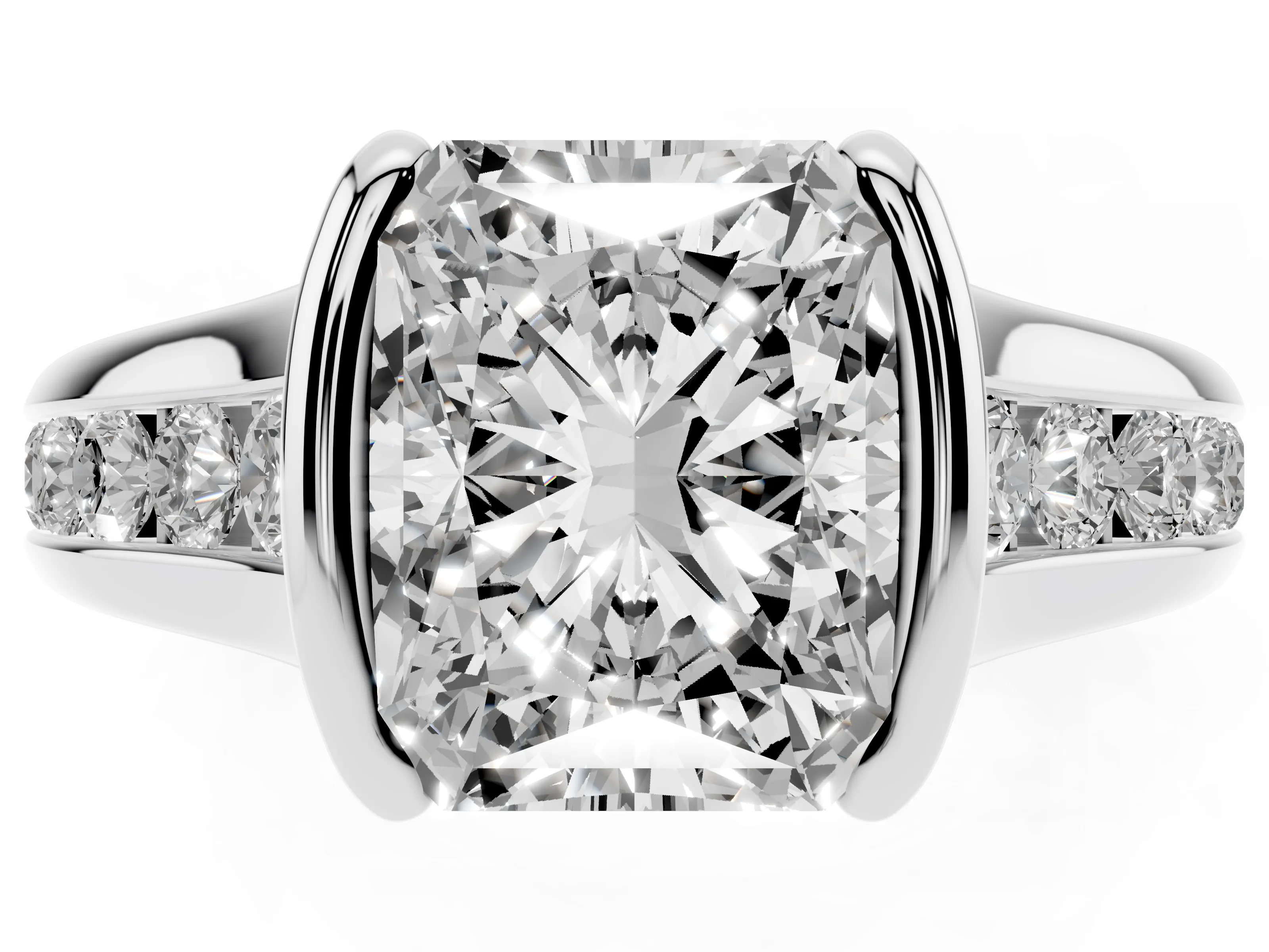 Radiant Cut Diamond Bezel-Set Solitaire Ring Set in White gold with Channel-Set Band