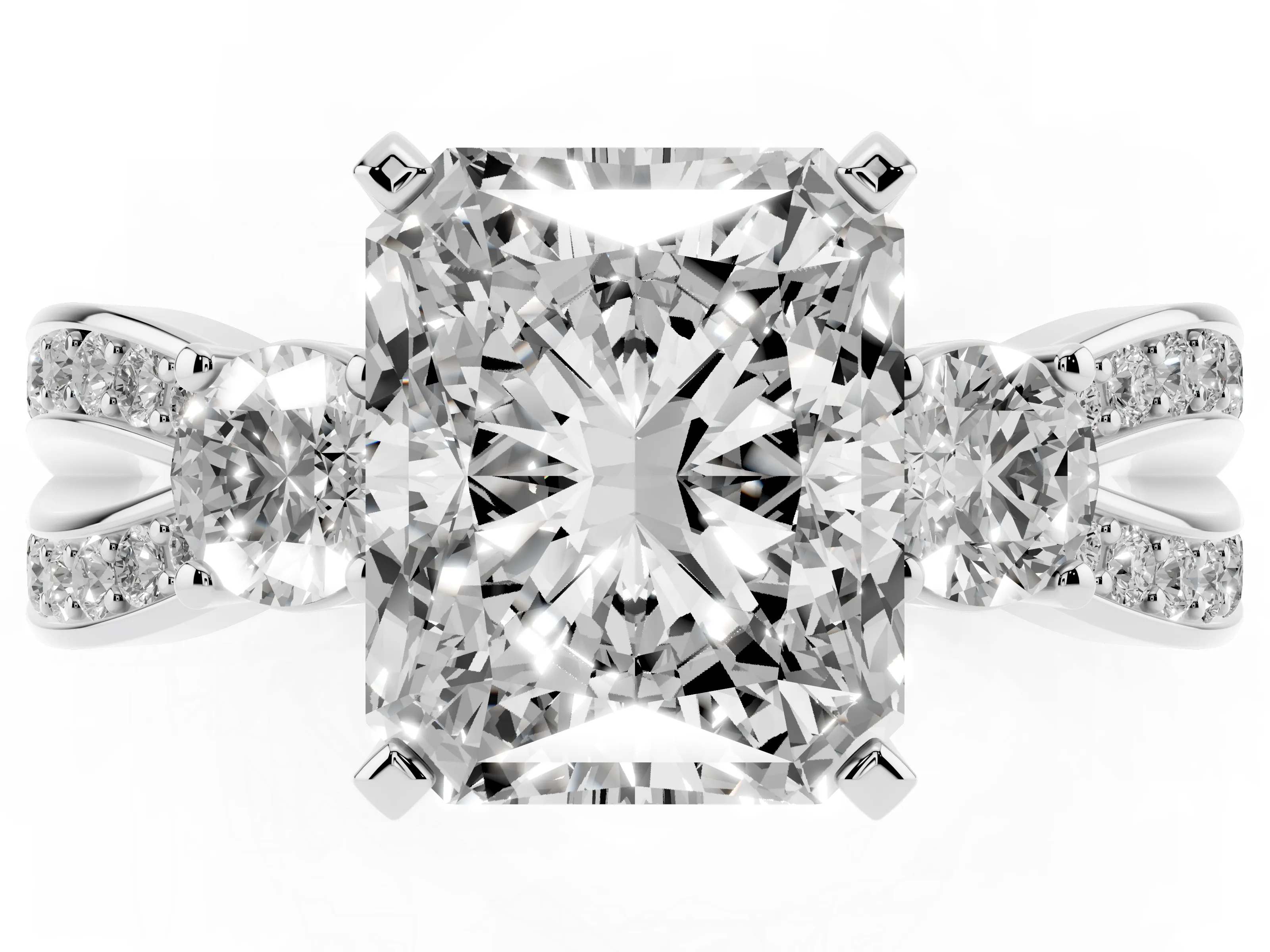 Three-Stone Radiant Cut Diamond Twist Band Ring Set in Silver with Pavé Accents and Prong Setting
