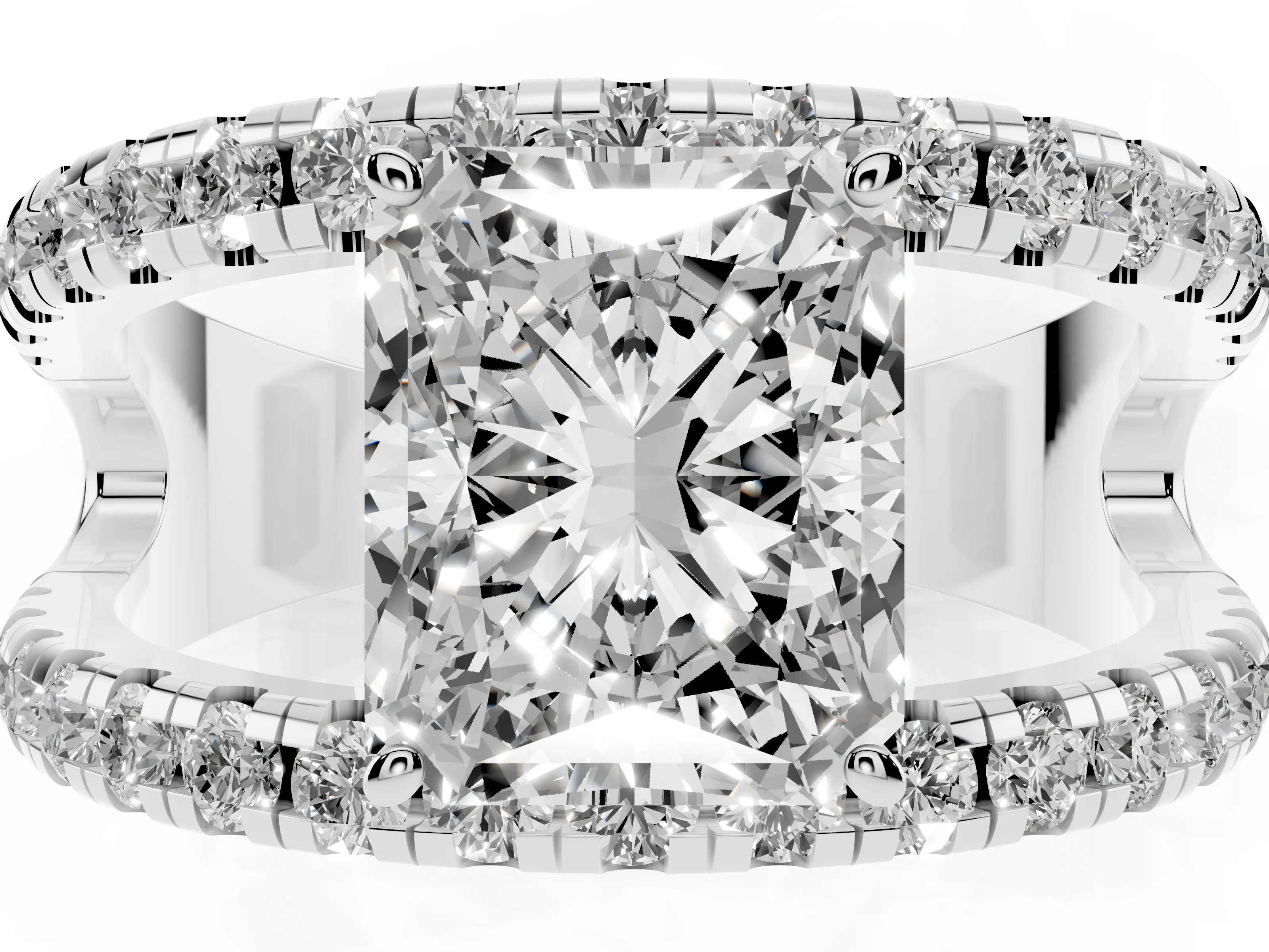 Radiant Cut Diamond Split Shank Pavé Solitaire Ring Set in Platinum with Open Shank Design