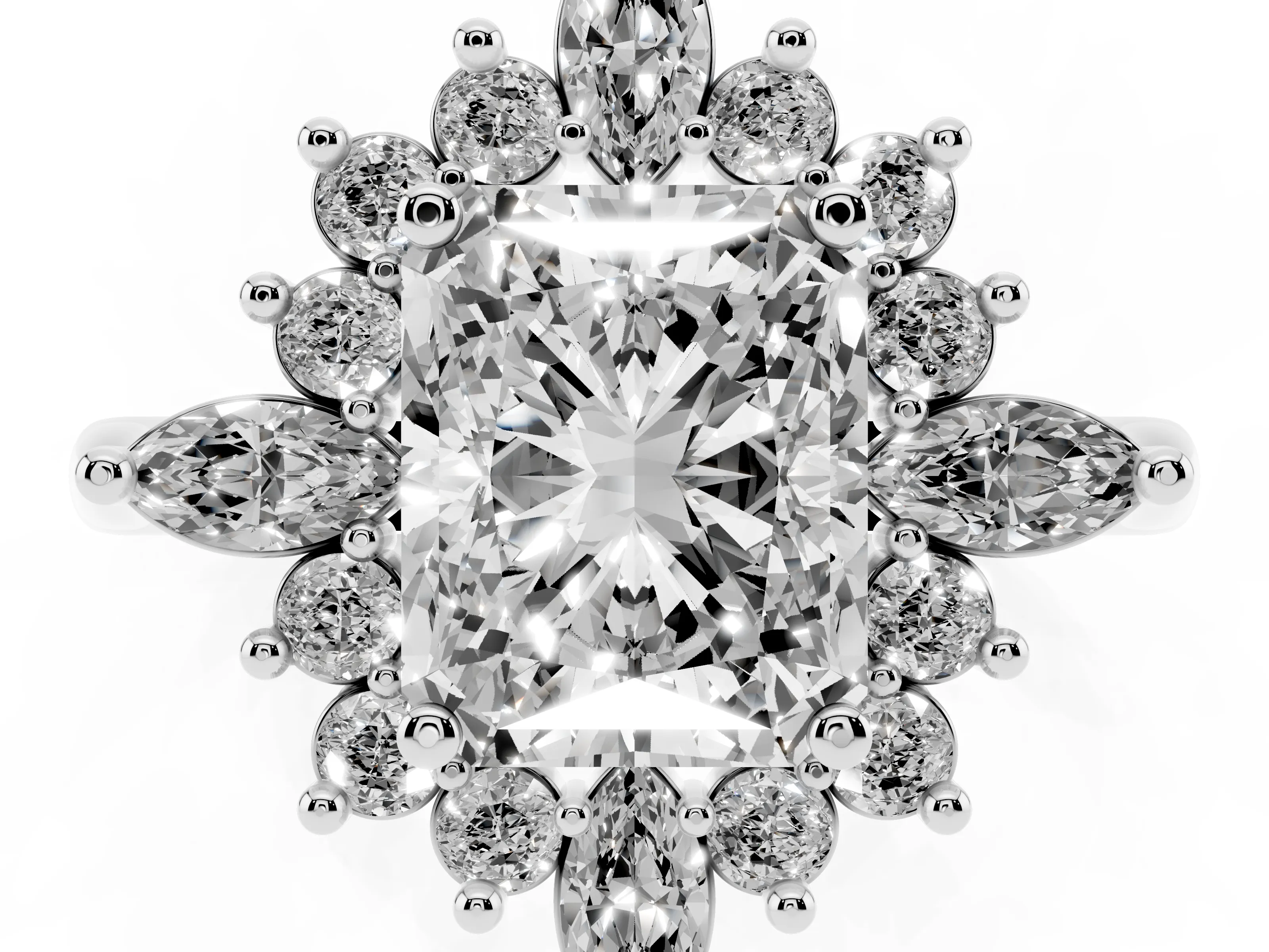 Radiant Cut Diamond Cluster Halo Ring Set in Silver with Marquise and Round Accents