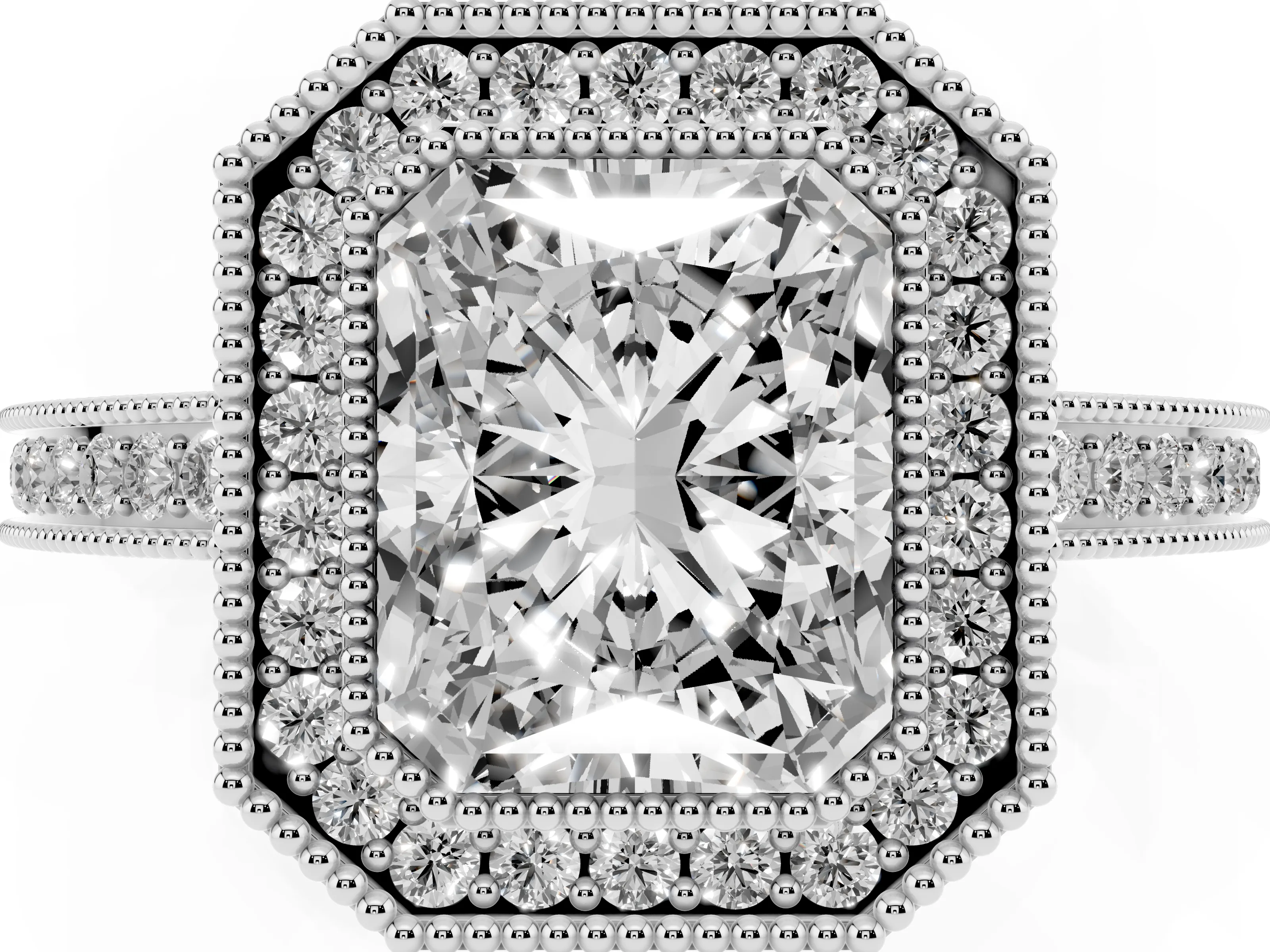 Radiant Cut Diamond Halo Ring Set in White gold with Pavé Band and Milgrain-Edged Prongs
