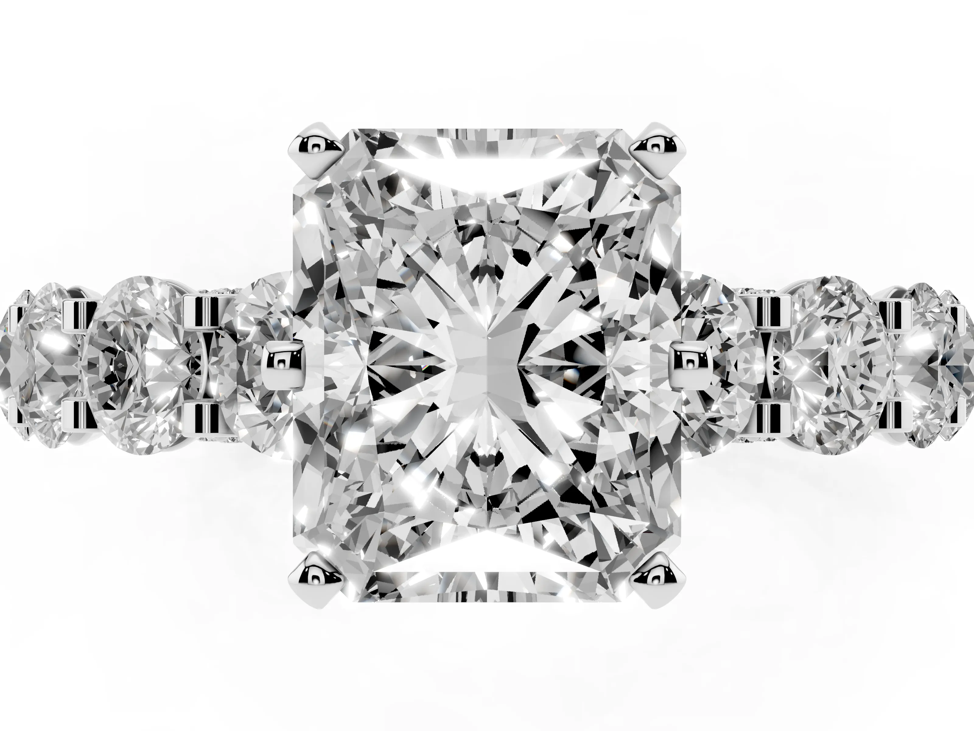 Radiant Cut Diamond Side Stone Ring Set in White gold with Alternating Round and Oval Side Stones
