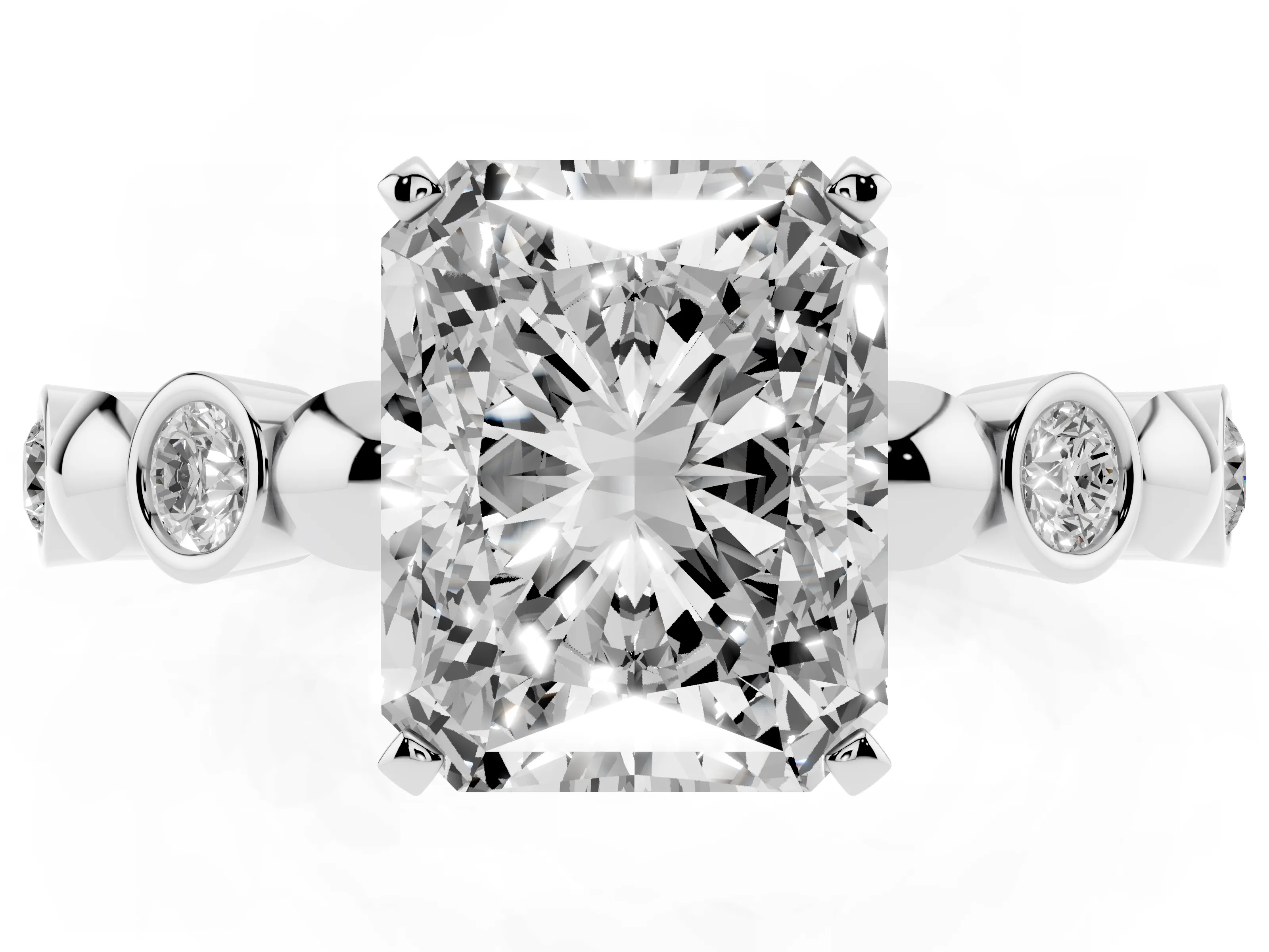 Radiant Cut Diamond Solitaire Ring Set in Silver with Bezel-Set Accents on Beaded Band and Prong Setting