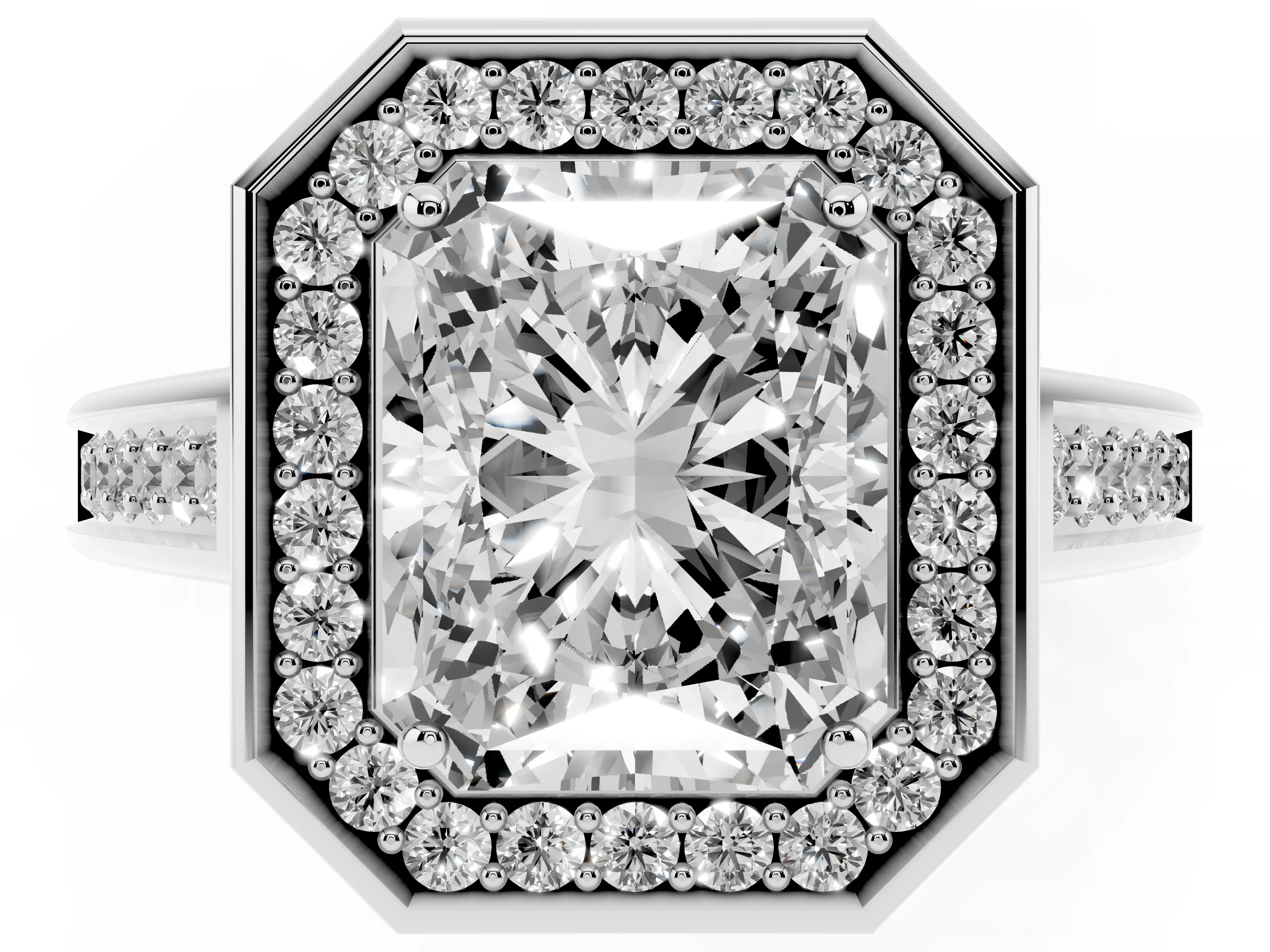 Radiant Cut Diamond Halo Solitaire Ring Set in Platinum with Pavé Band and Bezel Setting