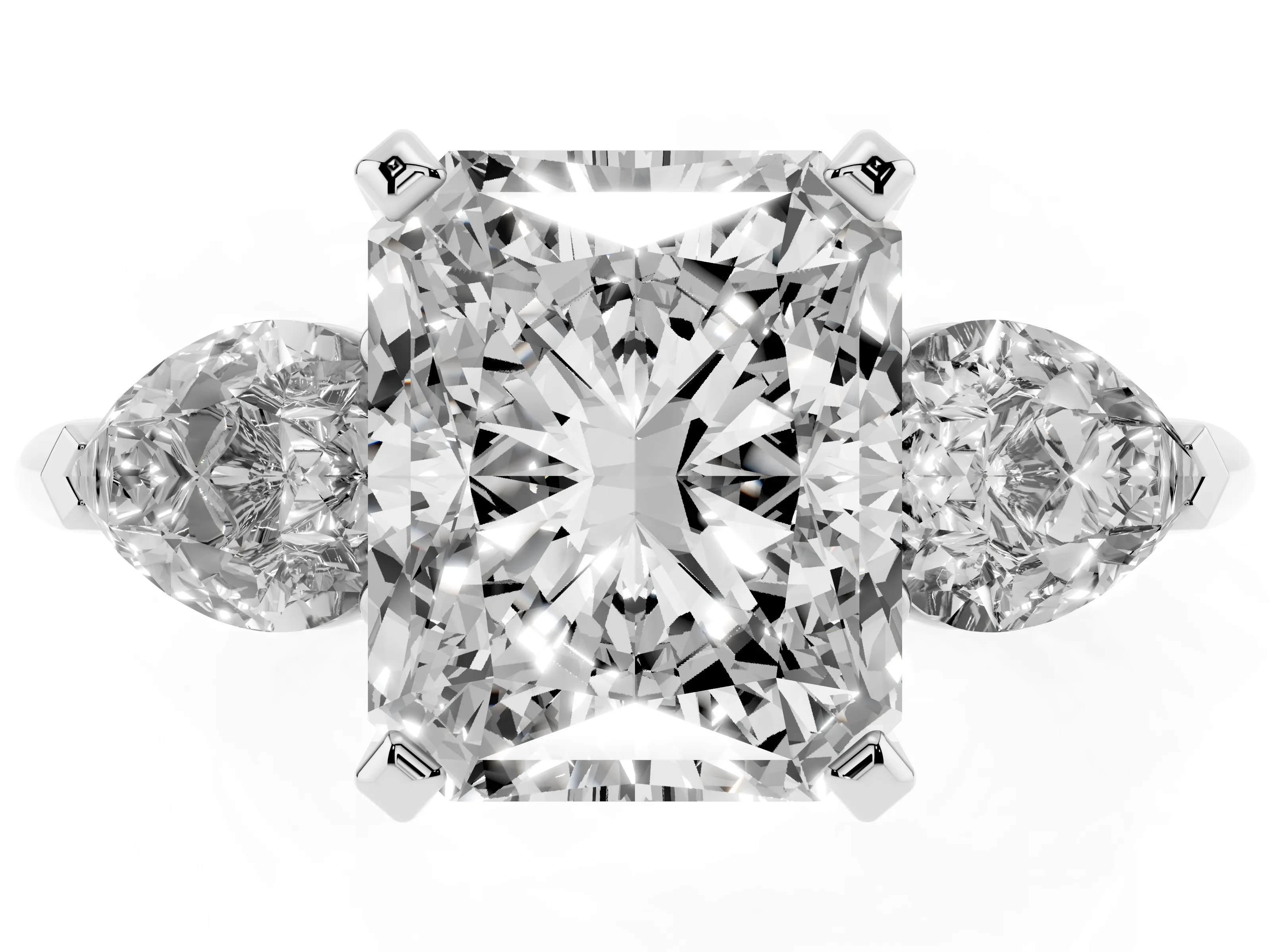 Three-Stone Radiant Cut Diamond Ring Set in Silver with Pear Side Stones and Prong Setting