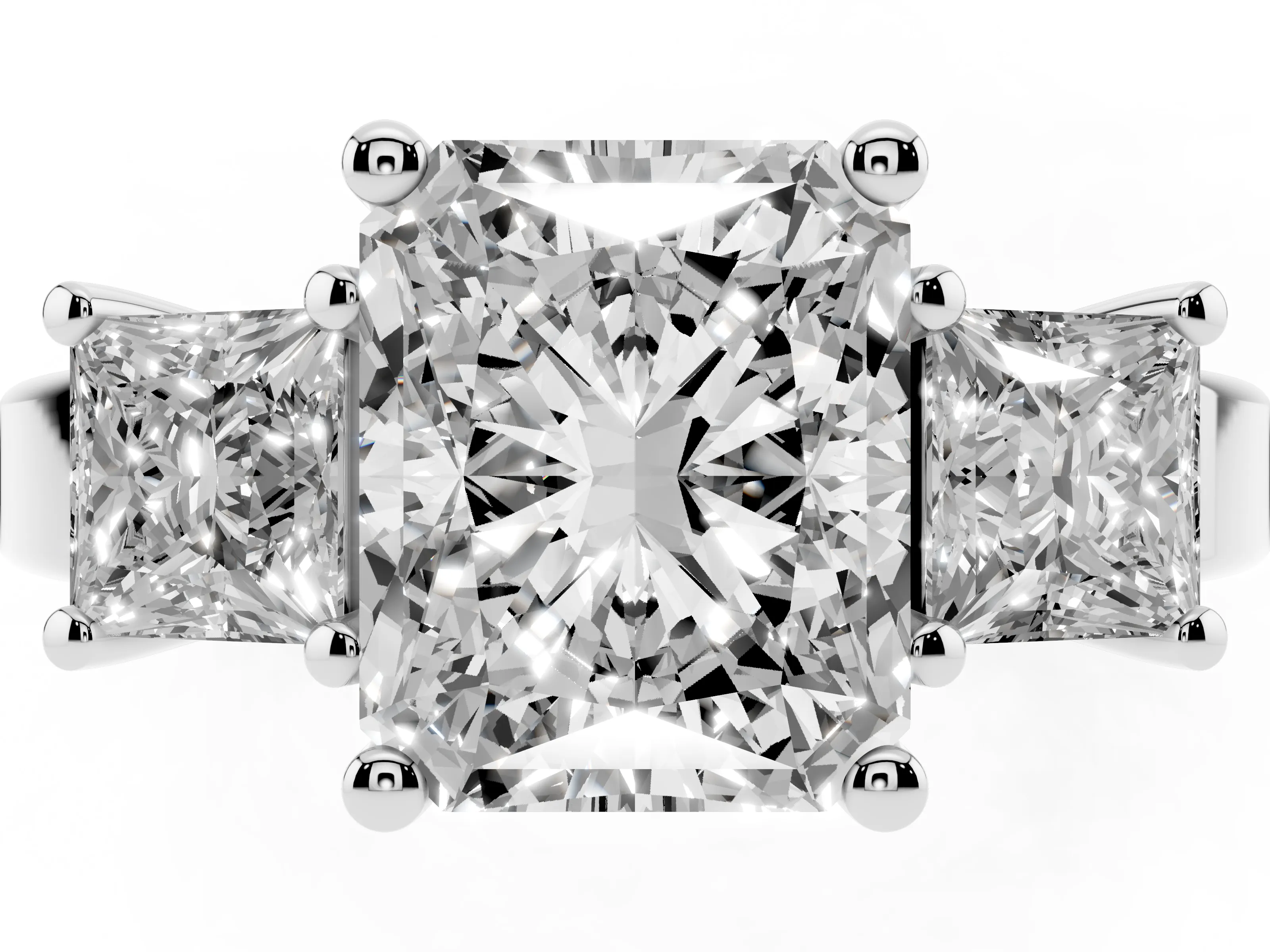 Three-Stone Radiant Cut Diamond Solitaire Ring Set in Platinum with Prong Setting