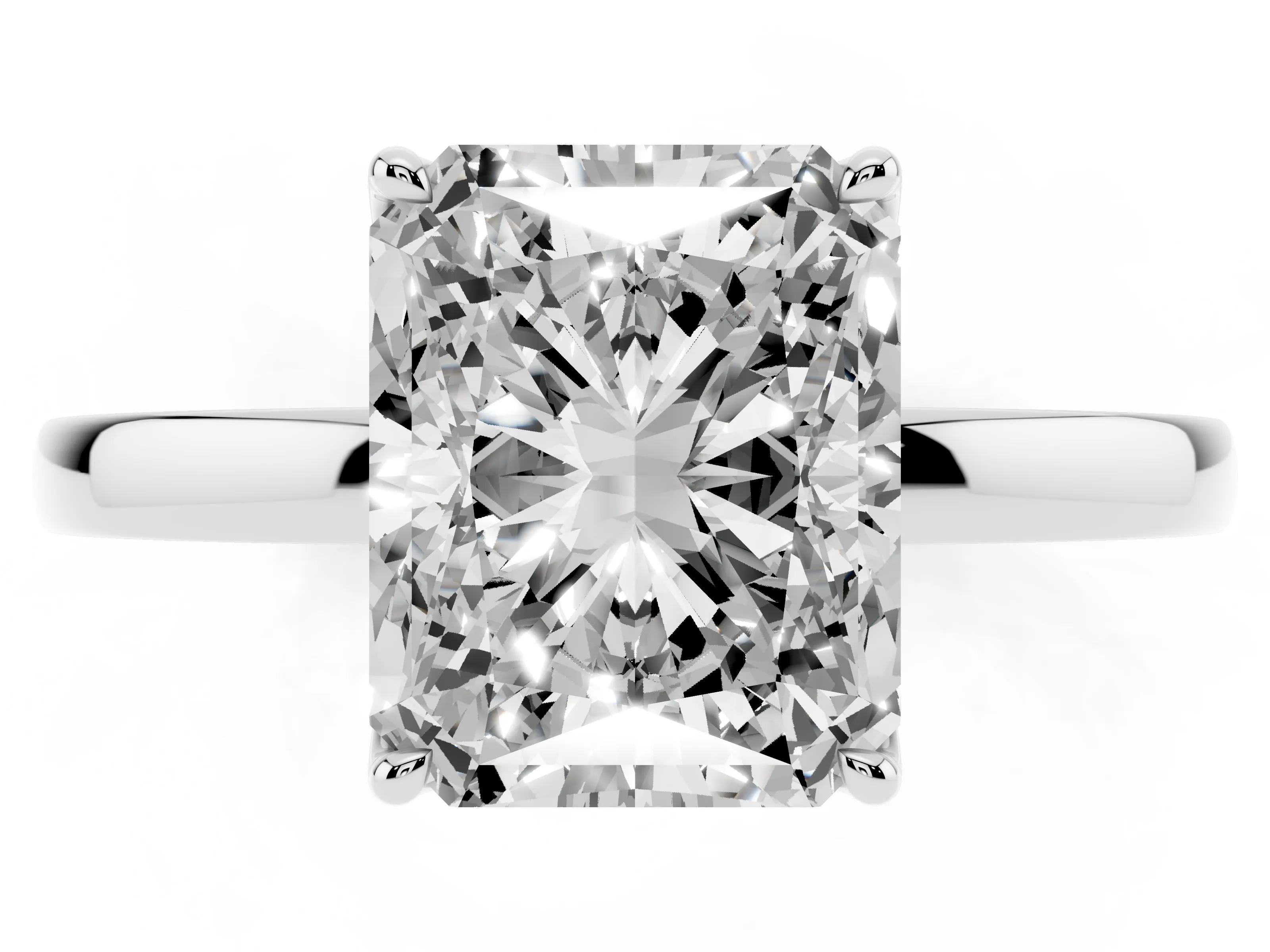 Radiant Cut Diamond Solitaire Ring Set in White gold with Prong Setting and Thin Polished Band