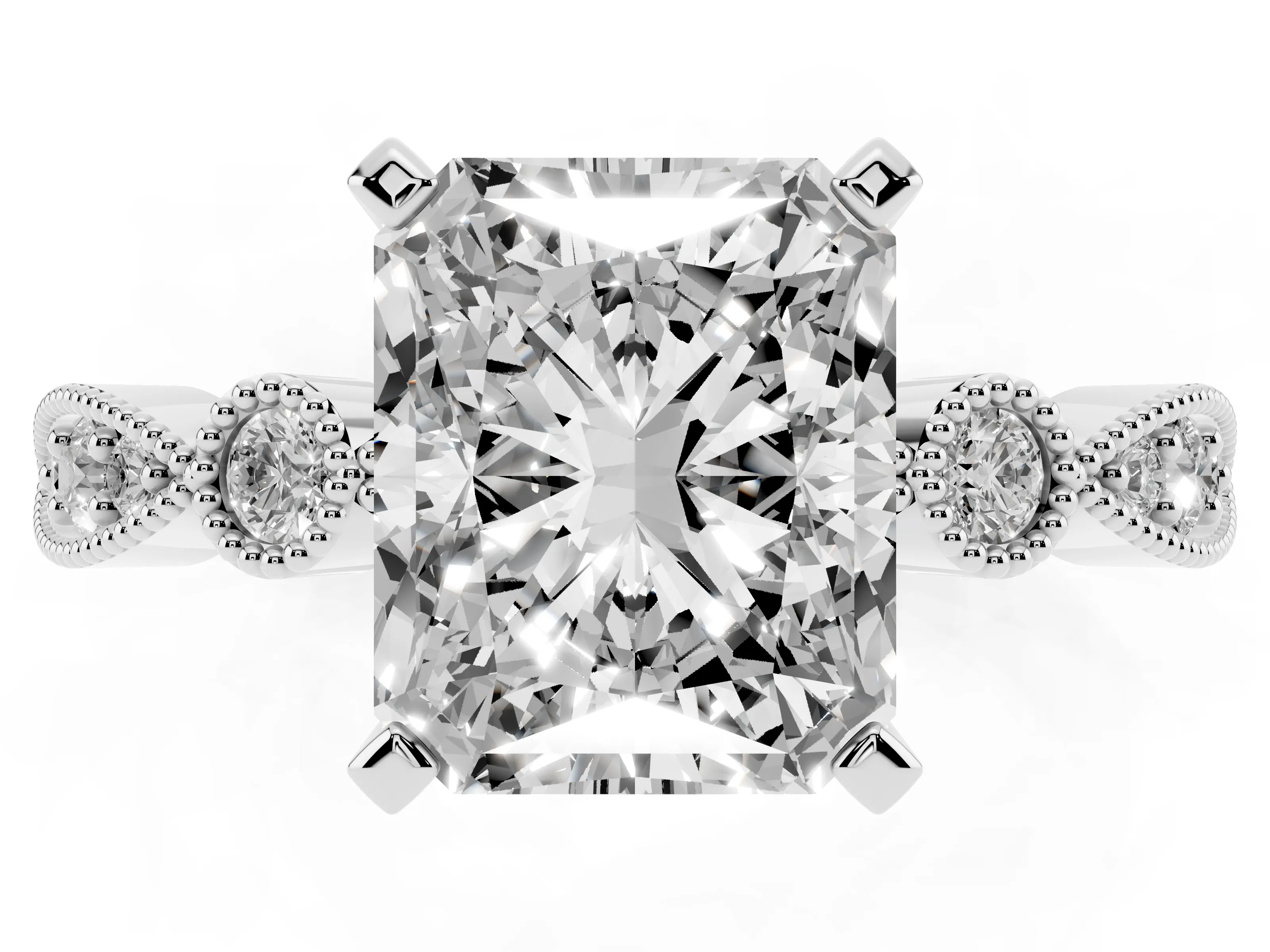 Radiant Cut Diamond Solitaire Engagement Ring Set in Silver with Milgrain Bezel Accent Band