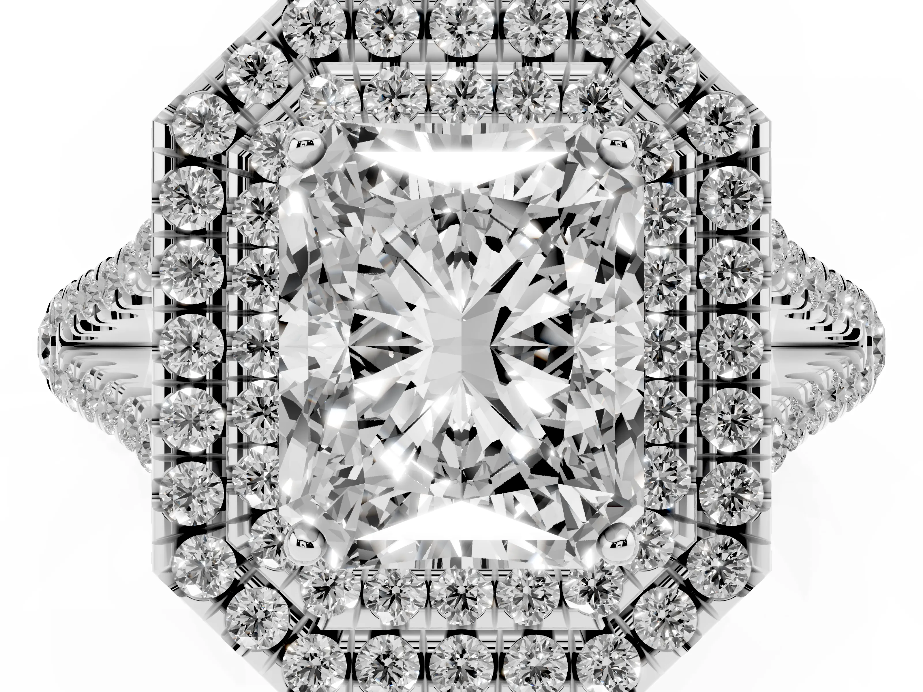 Radiant Cut Diamond Double Halo Ring Set in Silver with Pavé Band