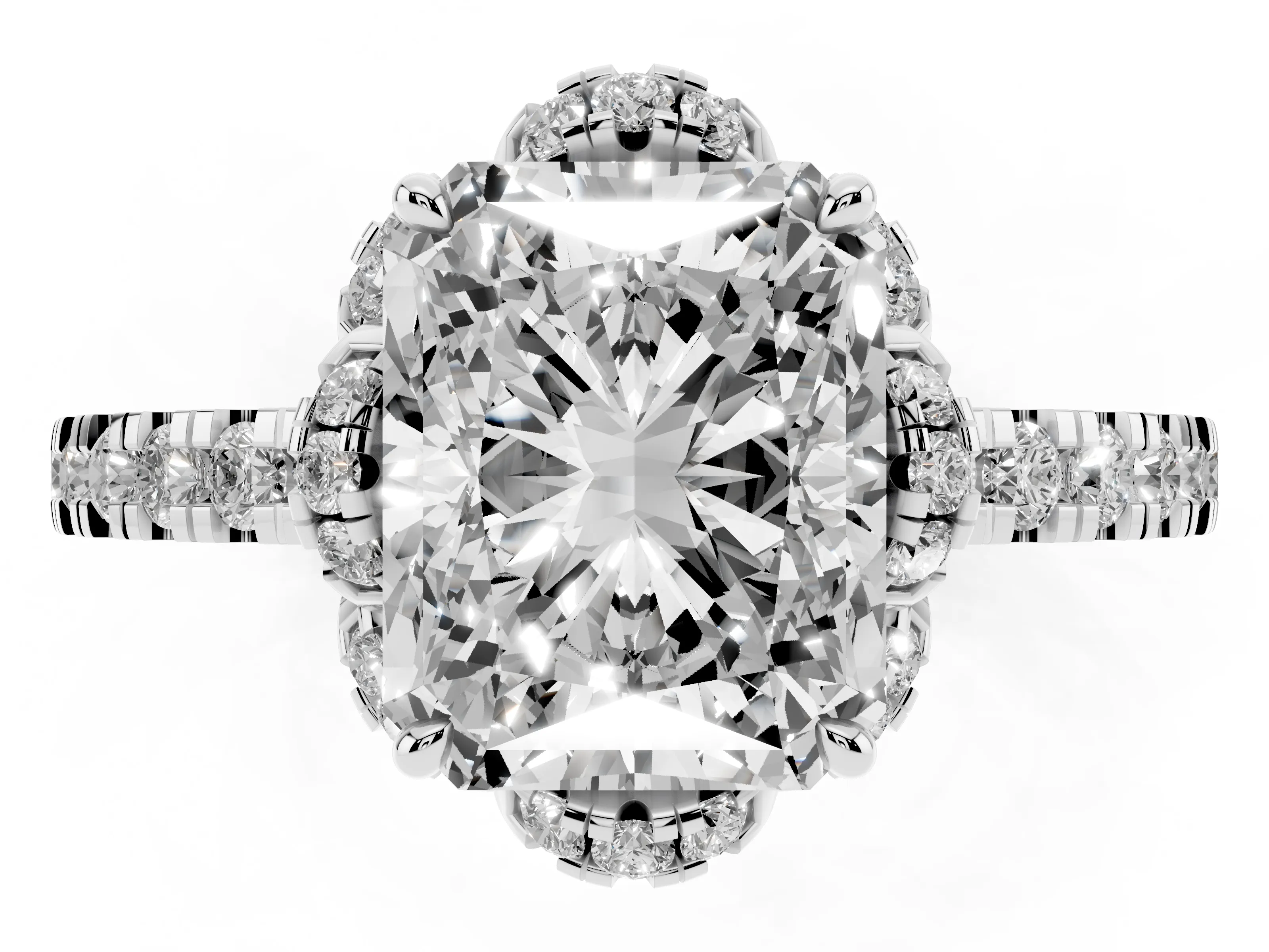 Radiant Cut Diamond Halo Pavé Band Ring Set in Platinum with Prong-Held Center