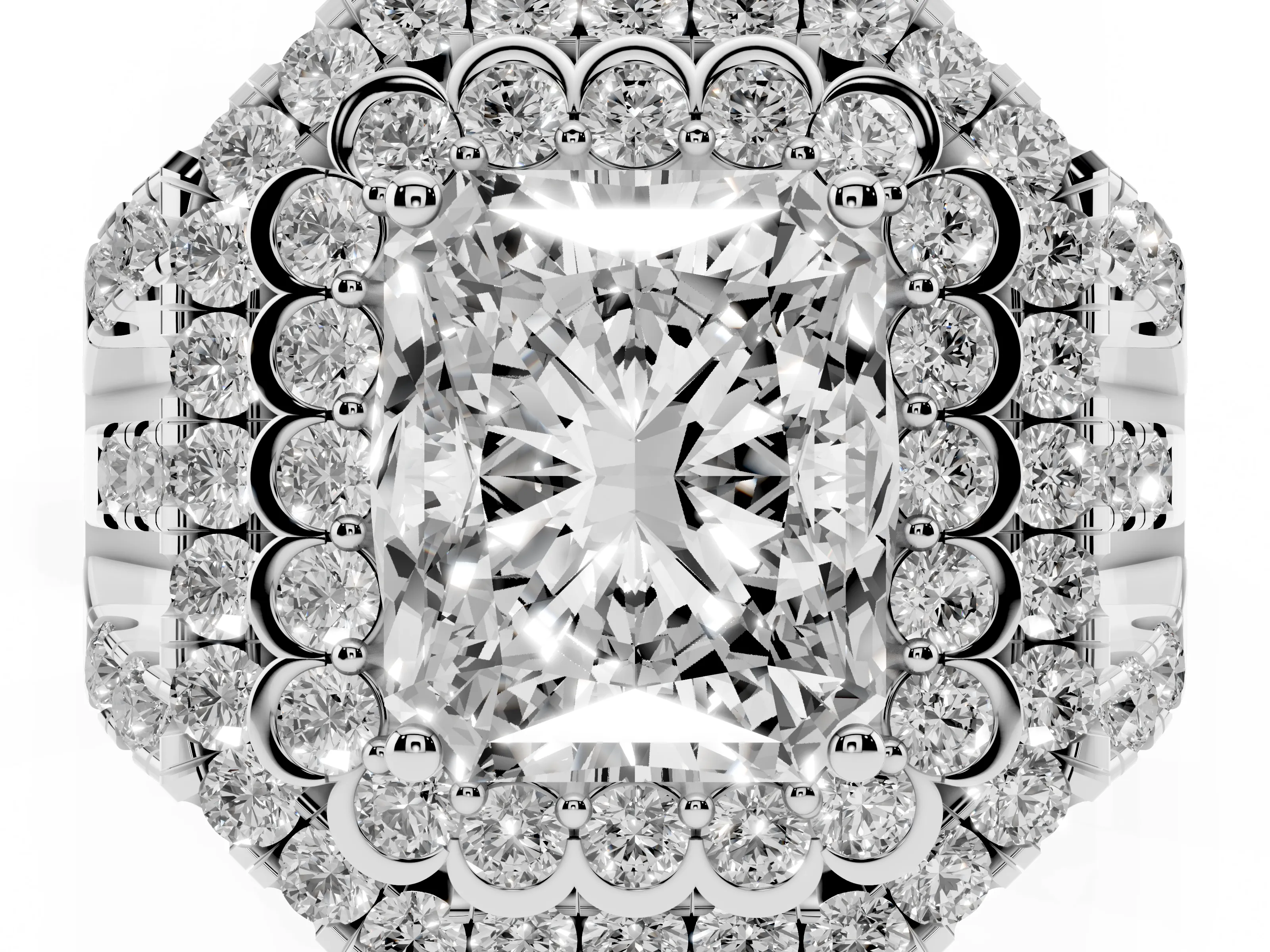 Radiant Cut Diamond Double Halo Ring Set in White gold with Round Pavé Split Shank