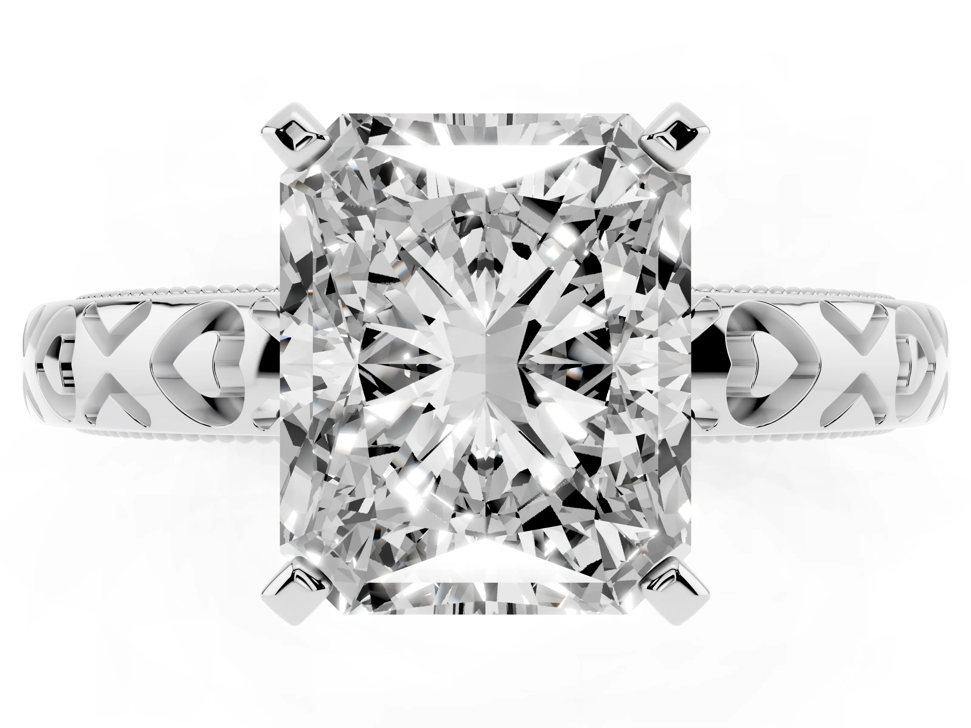 Radiant Cut Diamond Solitaire Engagement Ring Set in Platinum with XO Engraved Band and Prong Setting