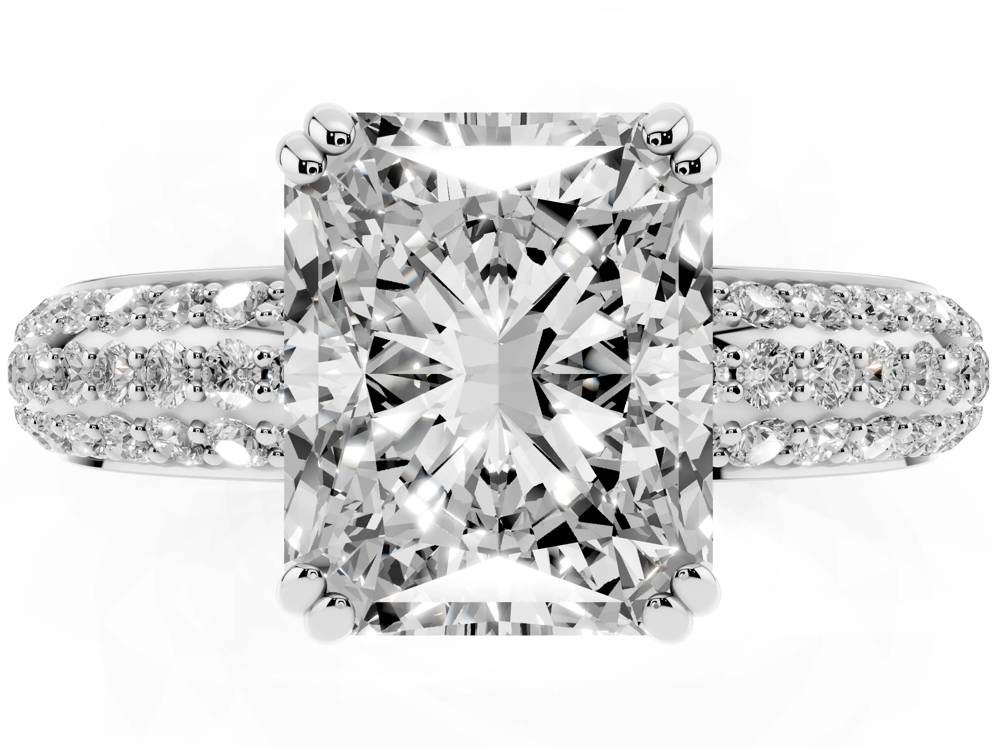 Radiant Cut Diamond Solitaire Ring Set in Platinum with Multi-Row Round Pavé Band and Prong Setting