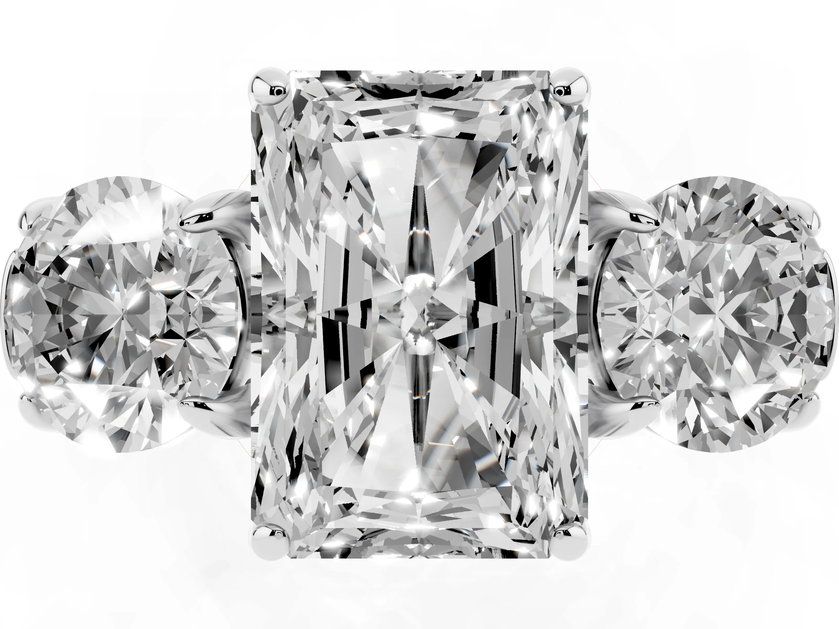 Radiant Cut Diamond Three-Stone Ring Set in White gold with Round Accent Stones and Plain Band