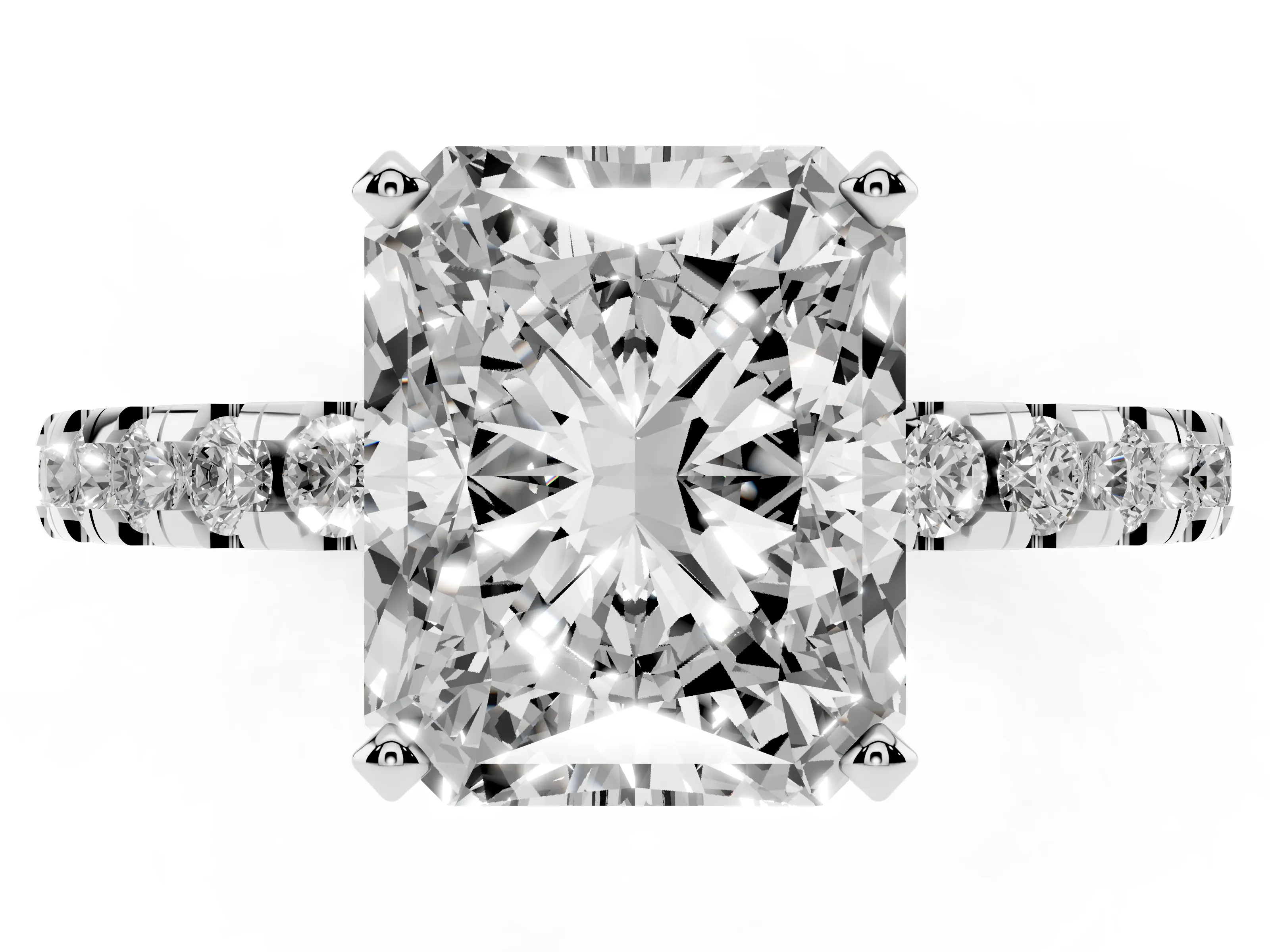 Radiant Cut Diamond Pavé Solitaire Ring Set in Platinum with Round Band Accents and Prong Setting