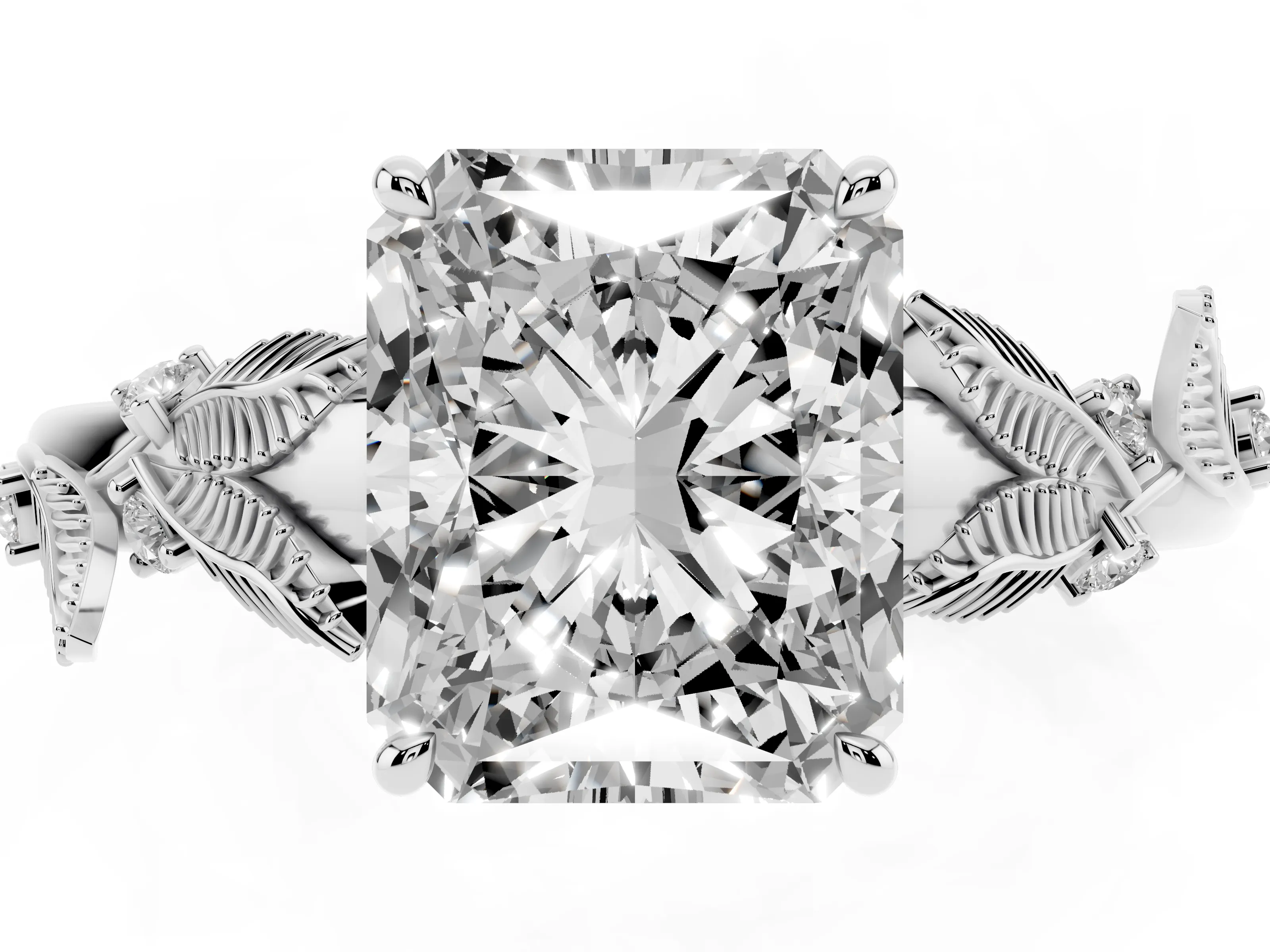 Radiant Cut Diamond Solitaire Ring Set in Silver with Leaf Motif Band