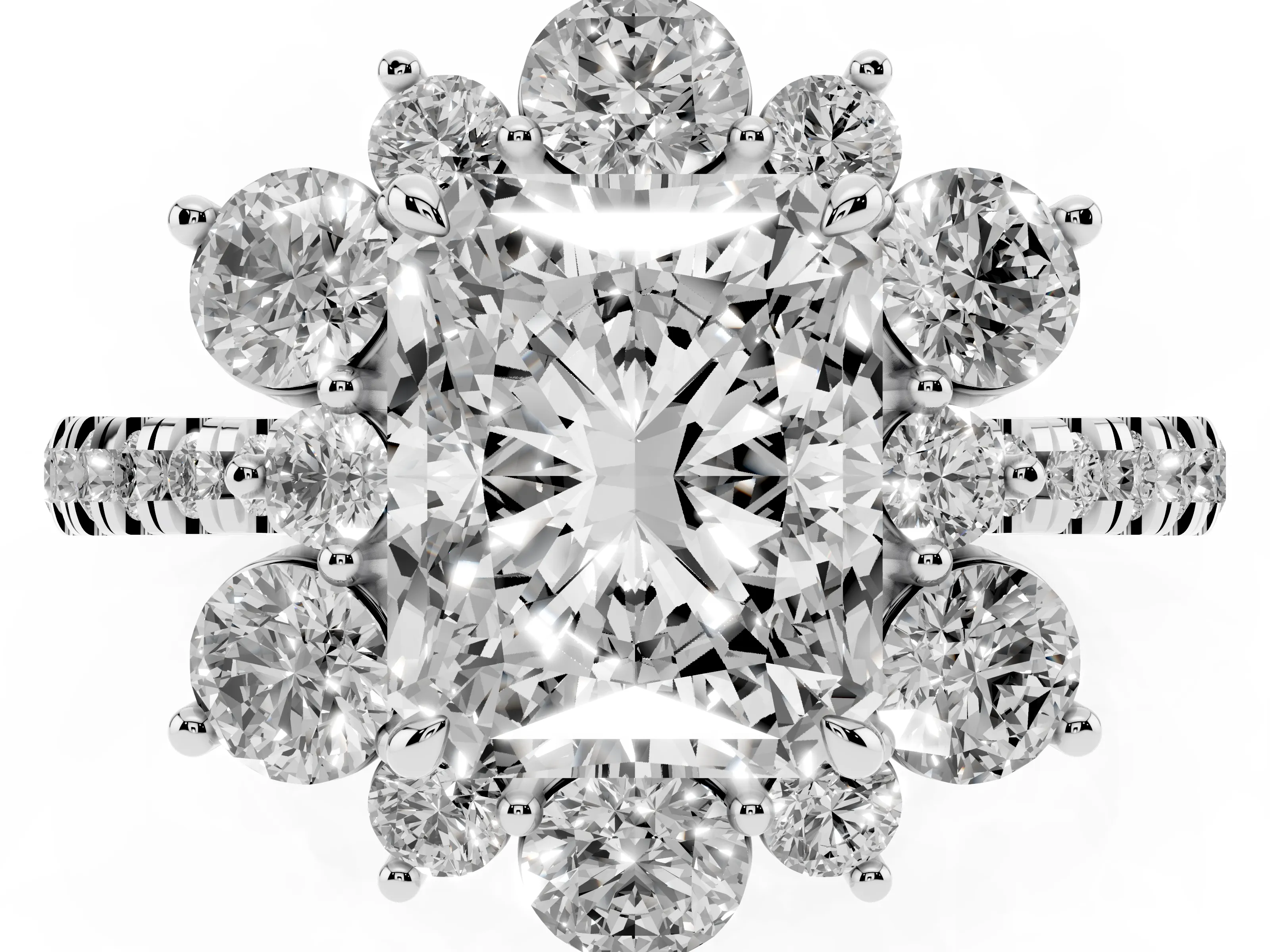 Radiant Cut Diamond Floral Halo Ring Set in Platinum with Round Pavé Band and Prong Setting