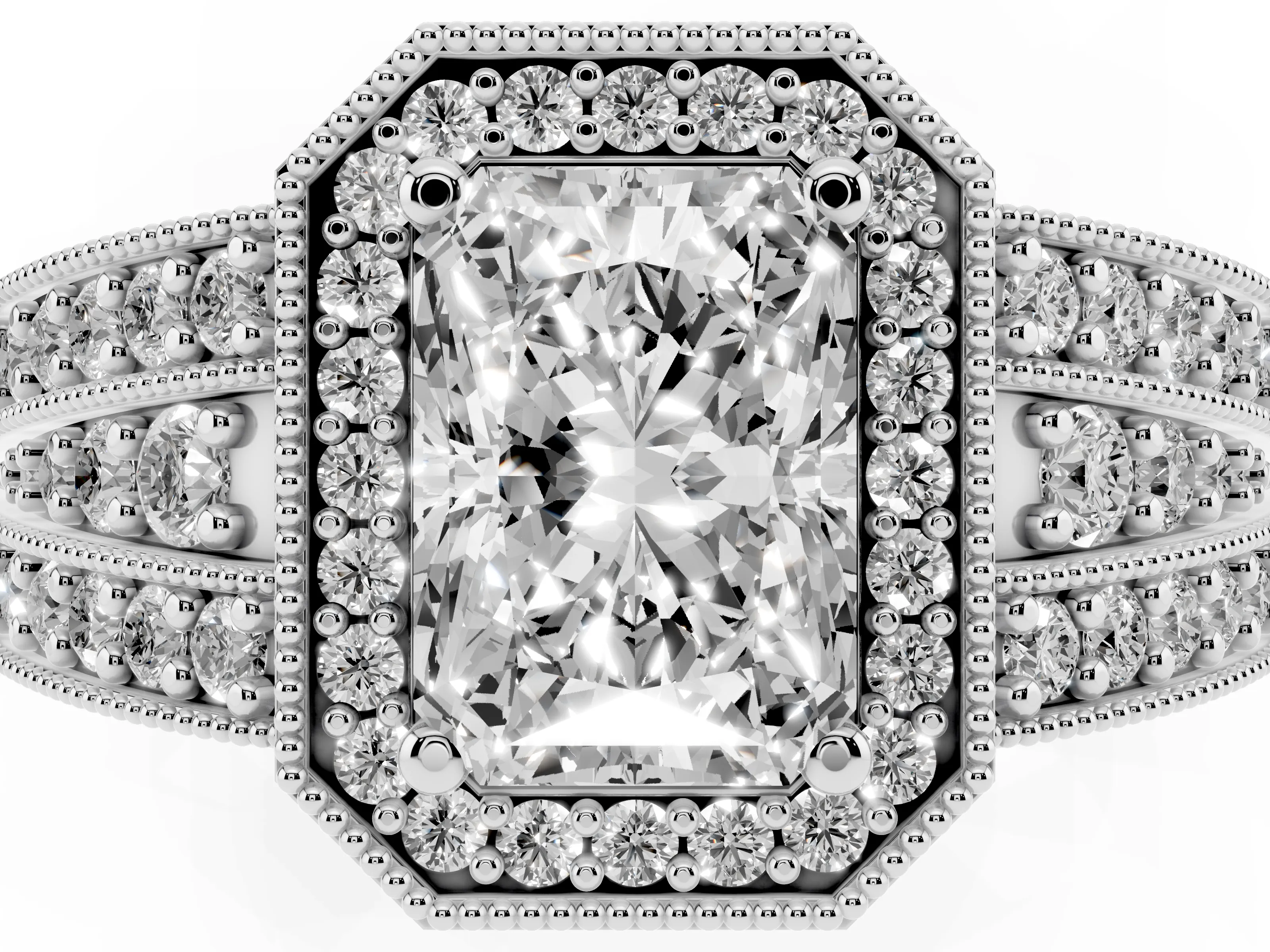 Radiant Cut Diamond Halo Ring Set in Silver with Accent Split Shank and Prong Setting