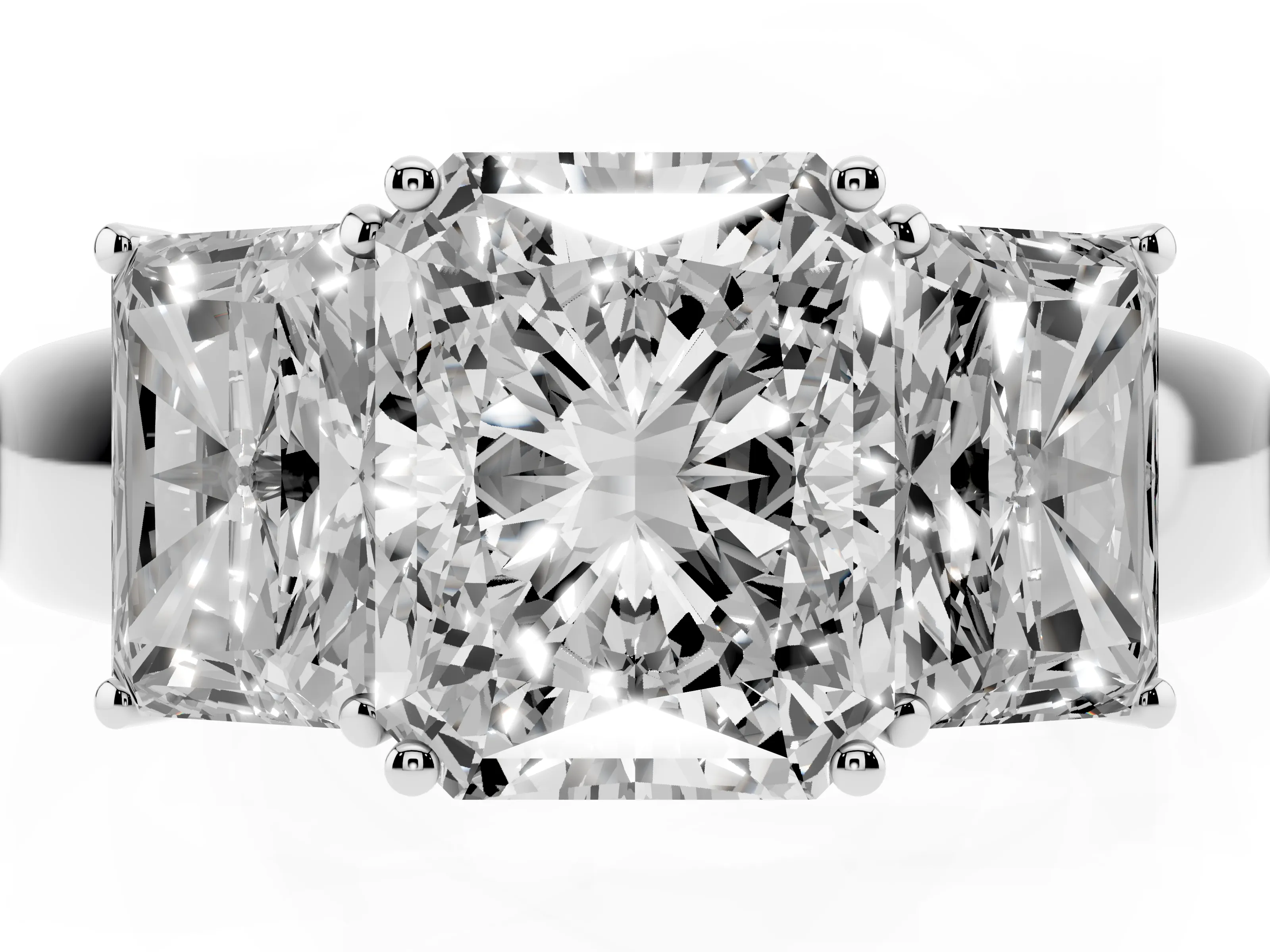 Three-Stone Radiant Cut Diamond Ring Set in White gold with Matching Prong Settings and Plain Band