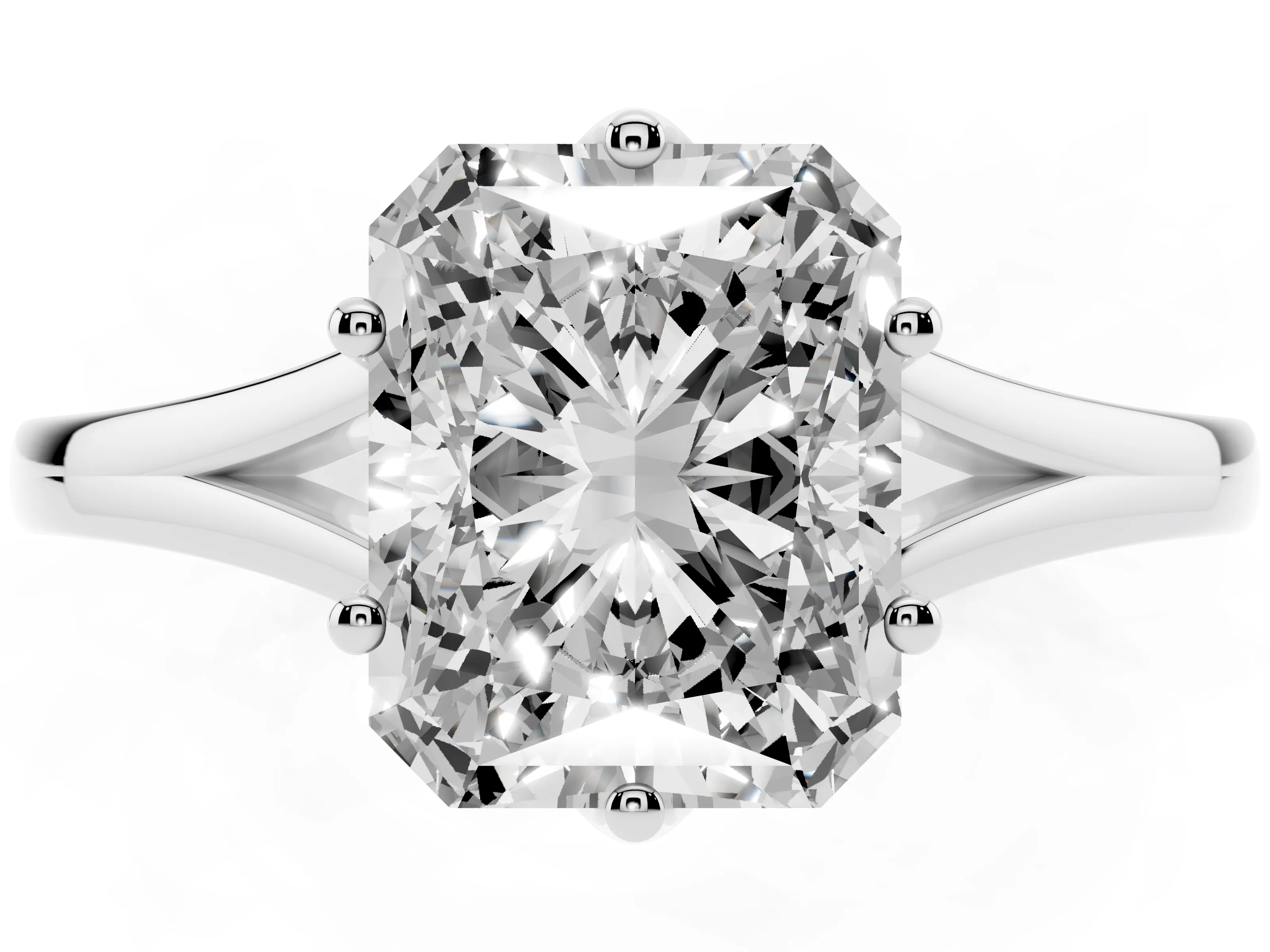 Radiant Cut Diamond Solitaire Ring Set in White gold with Polished Tapered Band and Prong Setting