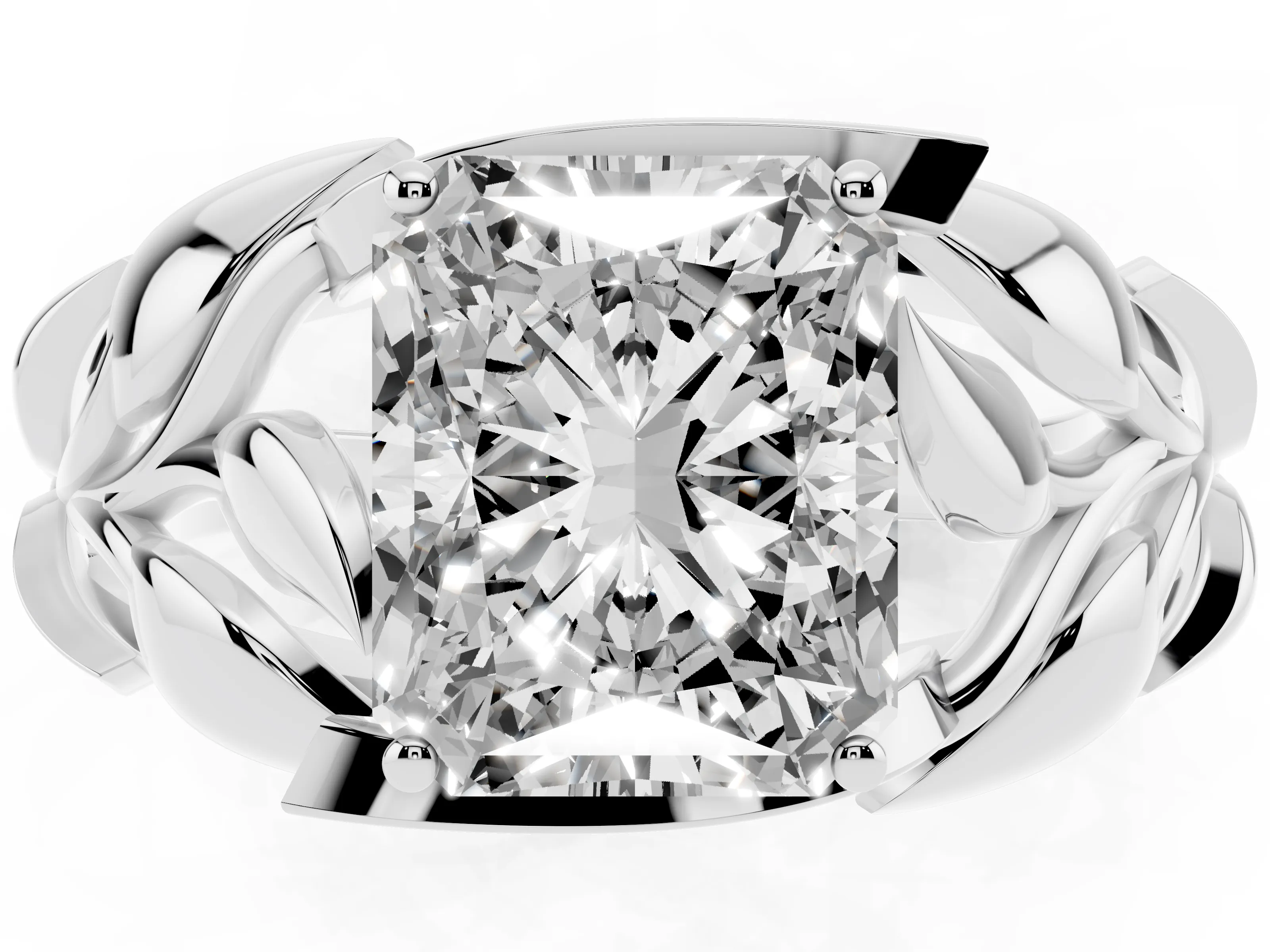 Radiant Cut Diamond Leaf-Inspired Engagement Ring Set in Silver with Round Accents