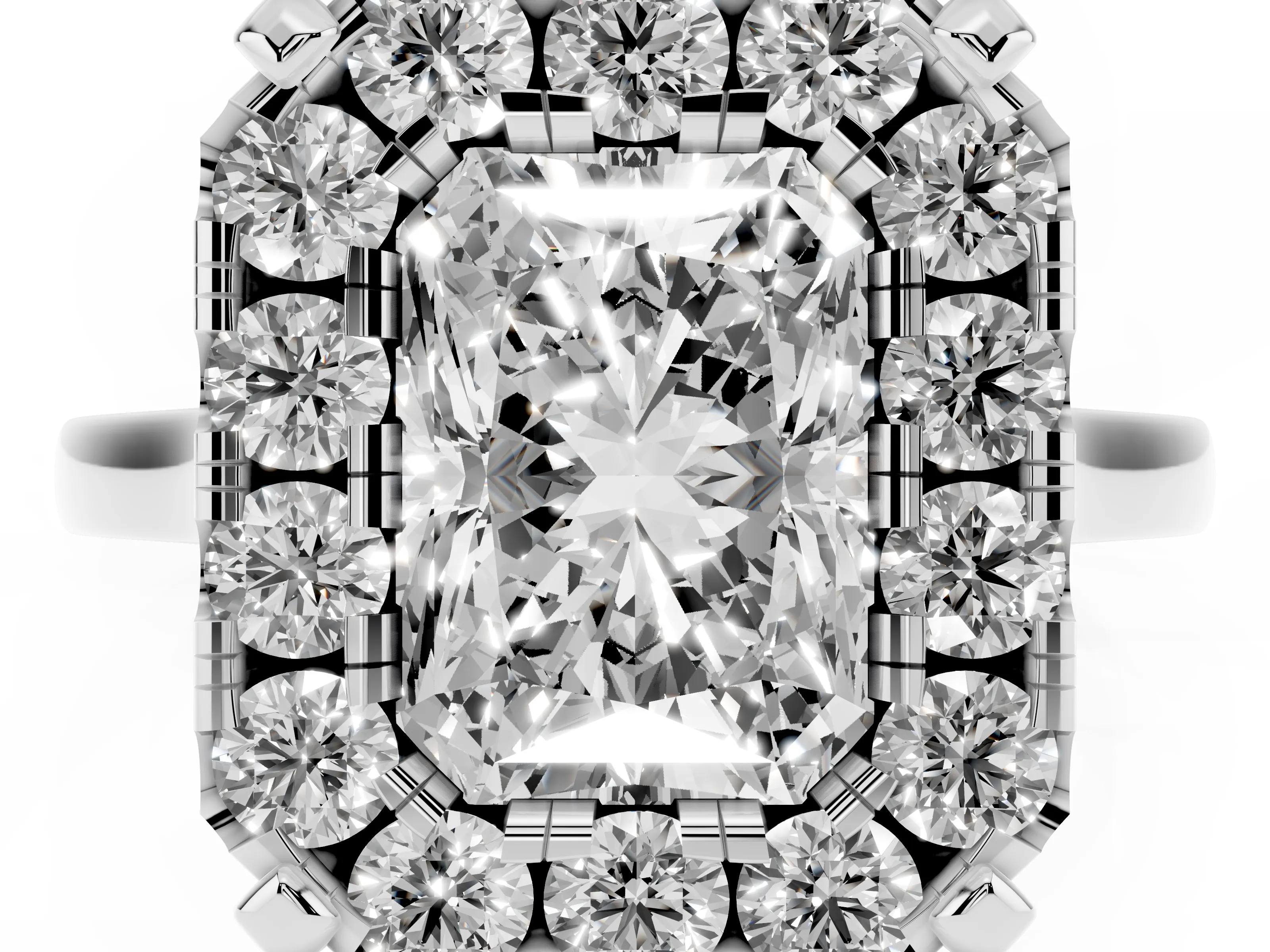 Radiant Cut Diamond Cluster Halo Solitaire Ring Set in White gold with Prong Setting