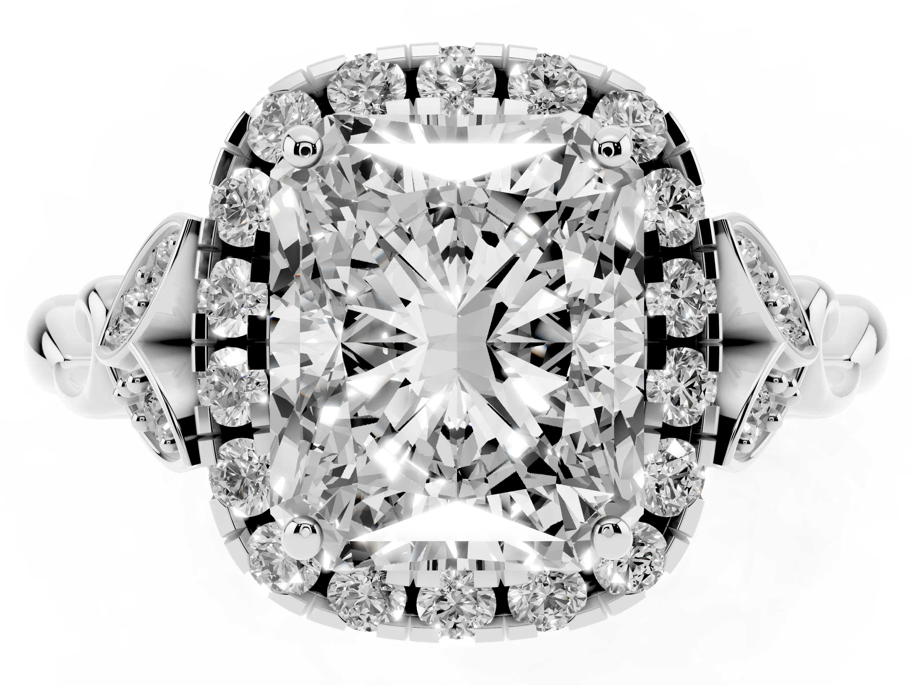 Radiant Cut Diamond Halo Engagement Ring Set in Platinum with Vintage-Inspired Band and Prong Setting