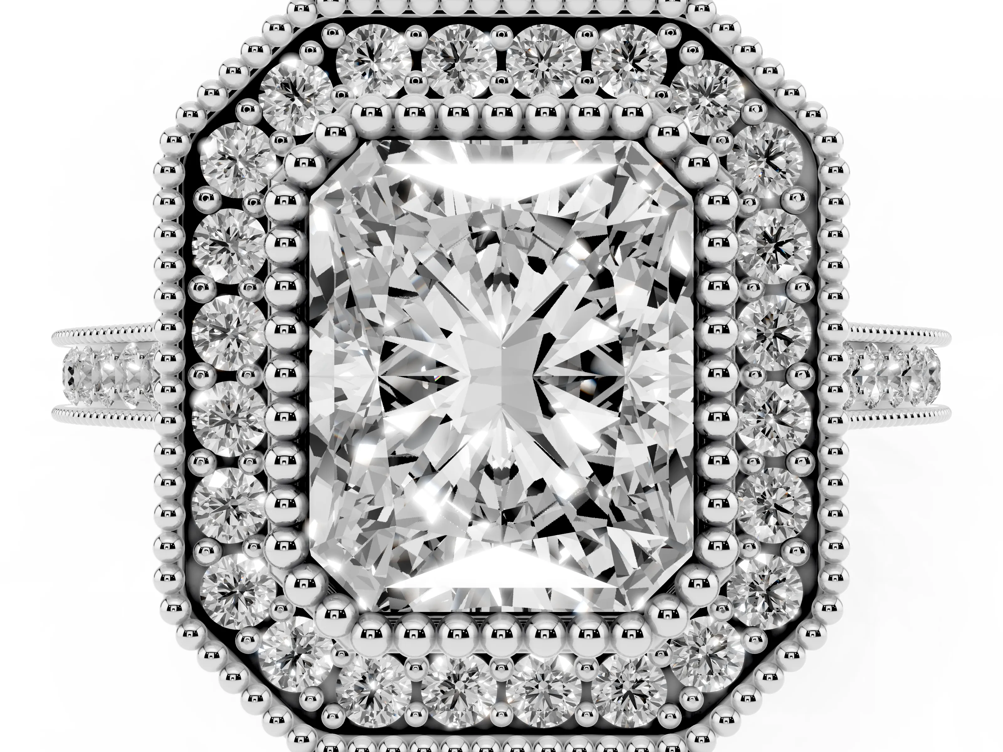 Radiant Cut Diamond Halo Ring Set in White gold with Milgrain Frame and Pavé Band