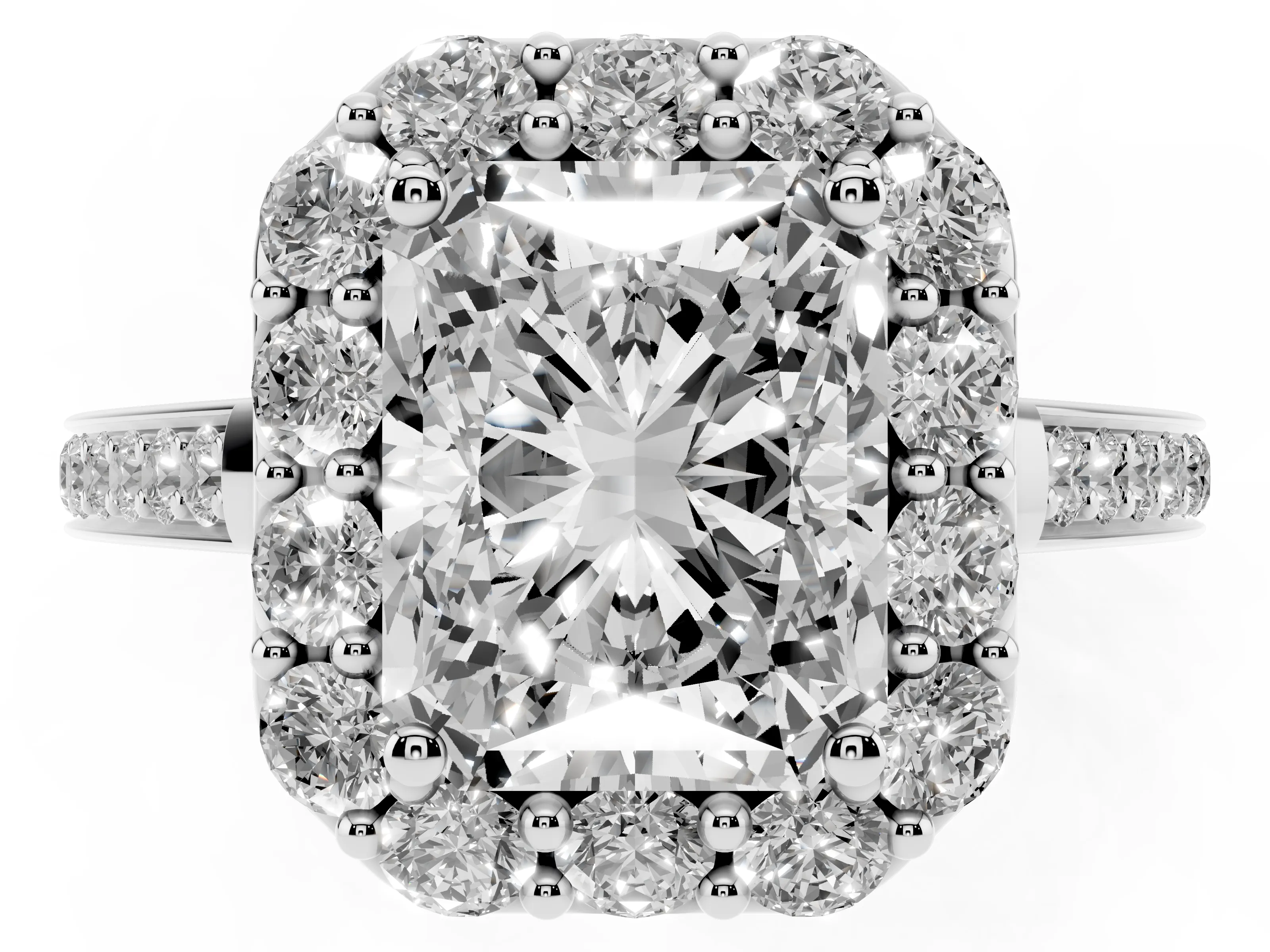 Radiant Cut Diamond Floral Halo Ring Set in Platinum with Pavé Band and Prong Setting