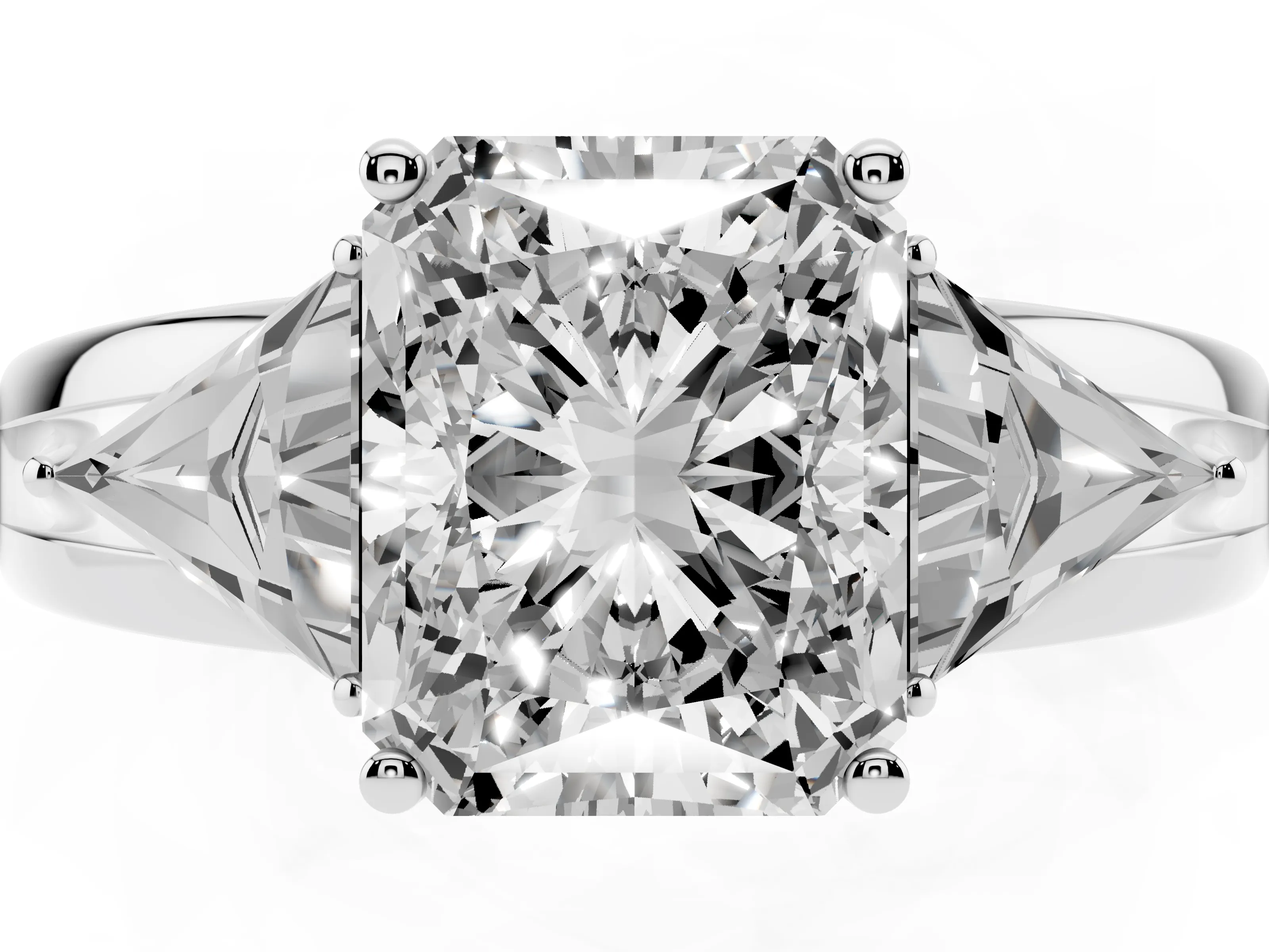 Radiant Cut Diamond Three-Stone Ring Set in Platinum with Trillion Side Stones and Split Shank