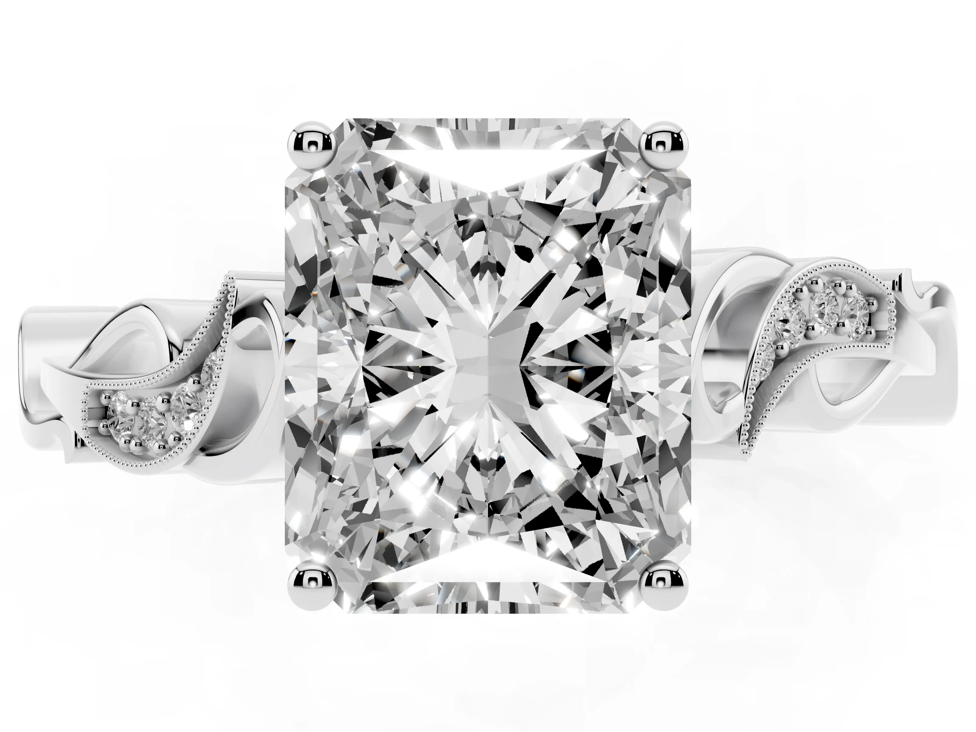 Radiant Cut Diamond Vine Band Solitaire Ring Set in Platinum with Milgrain Prong Setting