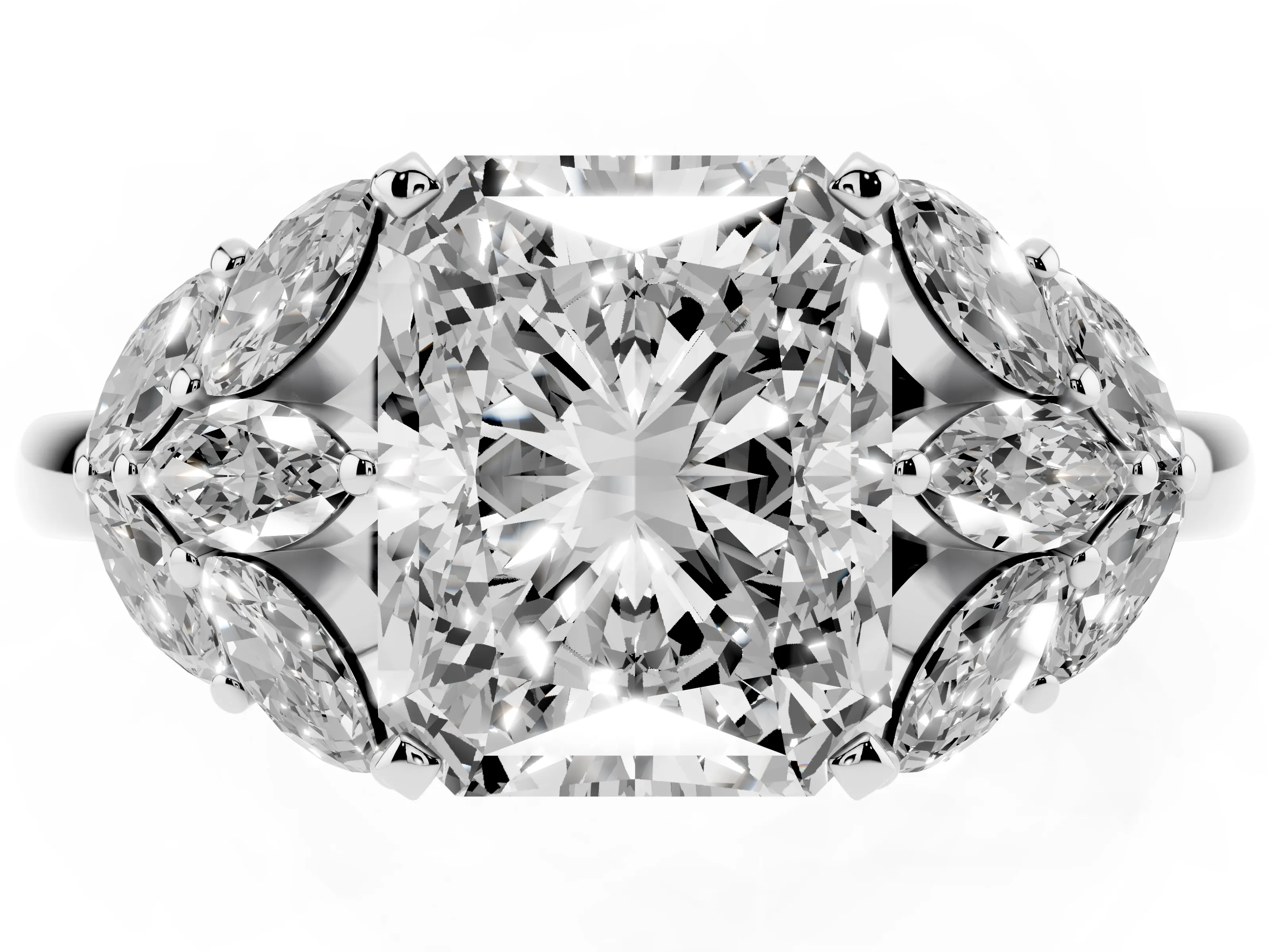Radiant Cut Diamond Cluster Leaf Design Ring Set in Platinum with Prong Setting