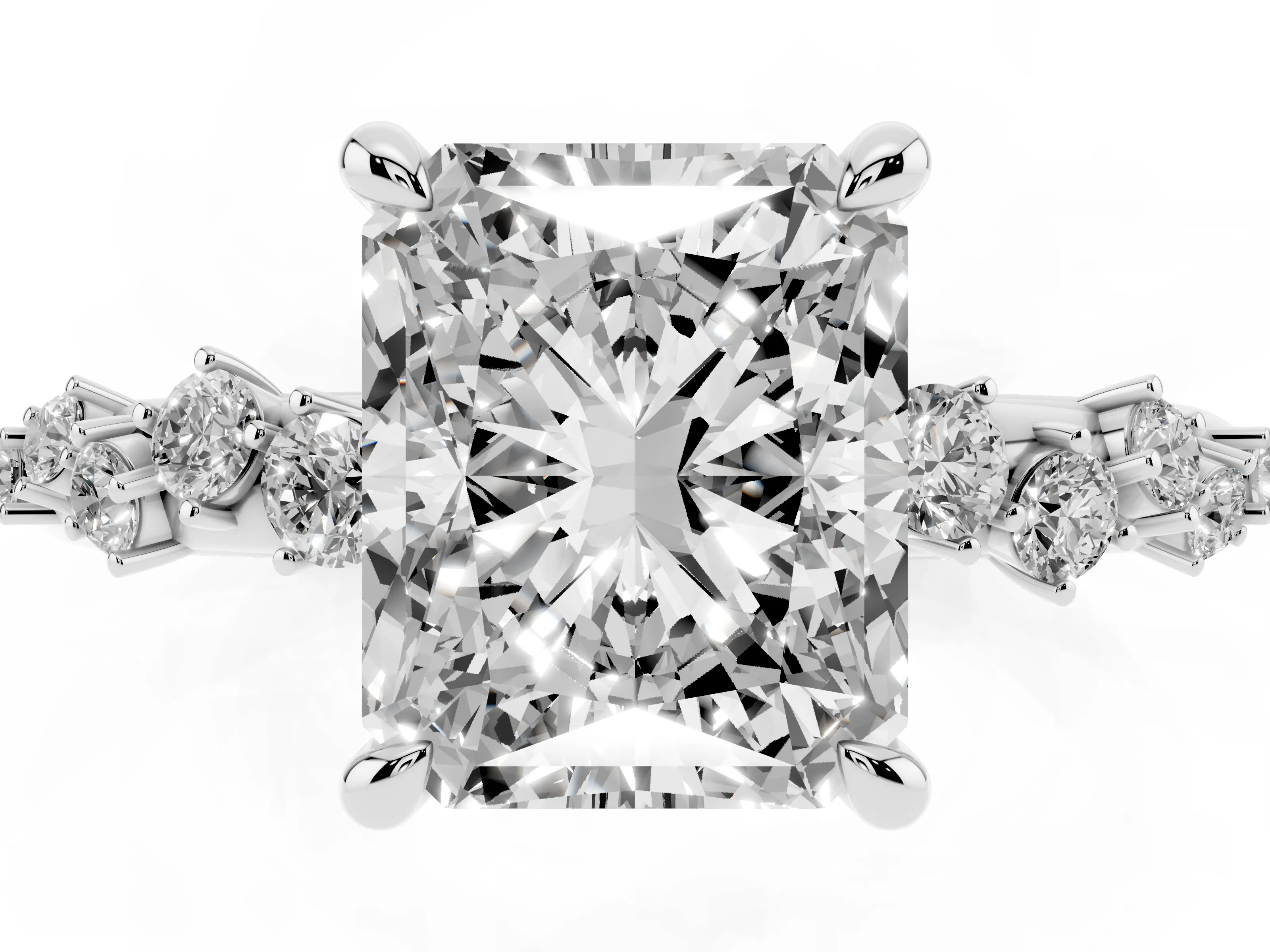 Radiant Cut Diamond Solitaire Vine Band Ring Set in Platinum with Round Accents and Prong Setting