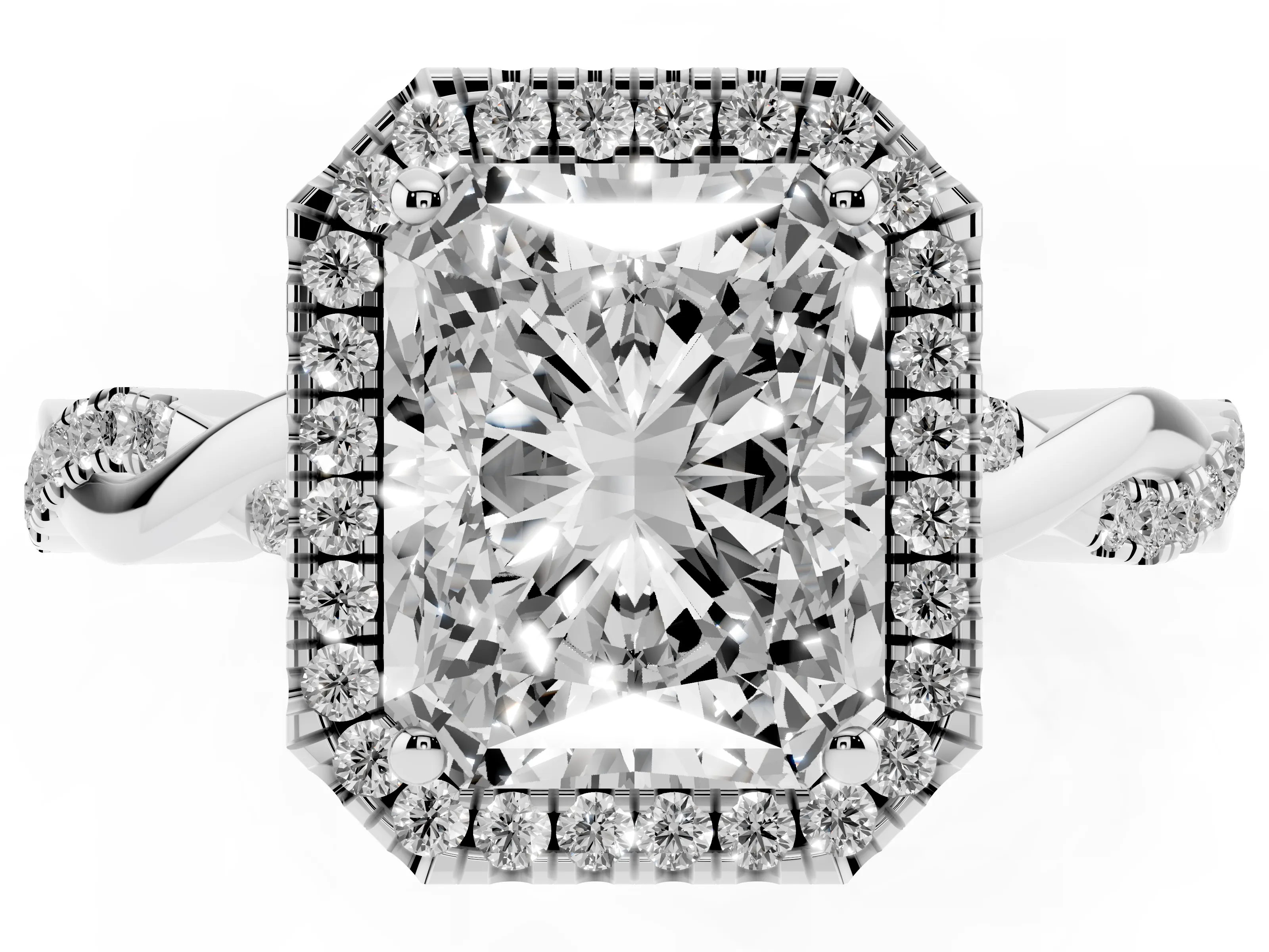 Radiant Cut Diamond Halo Twisted Band Ring Set in Platinum with Prong Setting