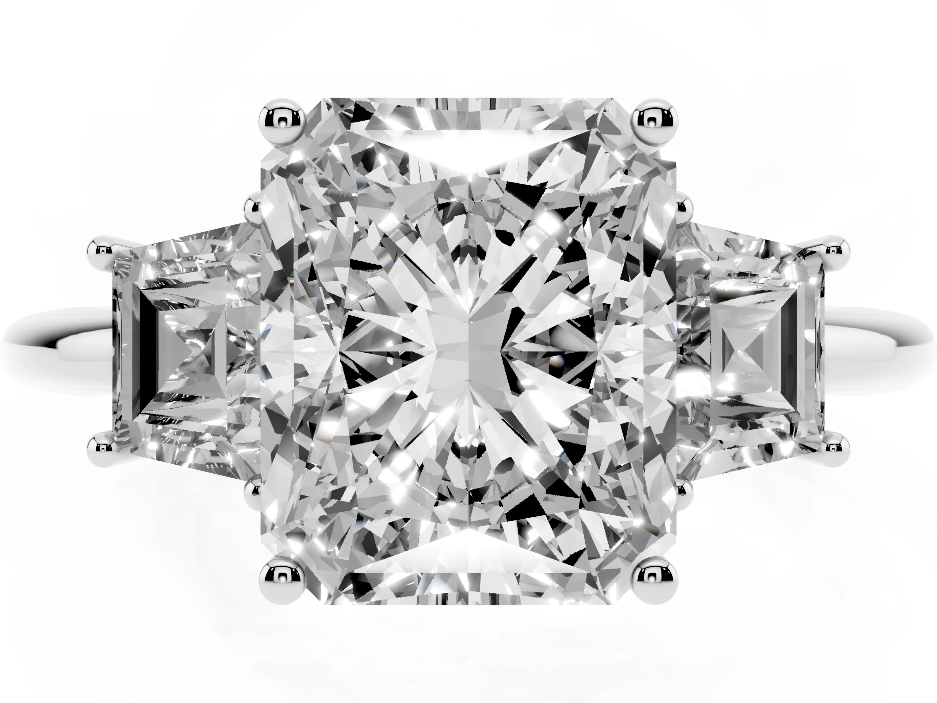 Radiant Cut Diamond Three-Stone Ring Set in Platinum with Trapezoid Side Stones and Prong Setting