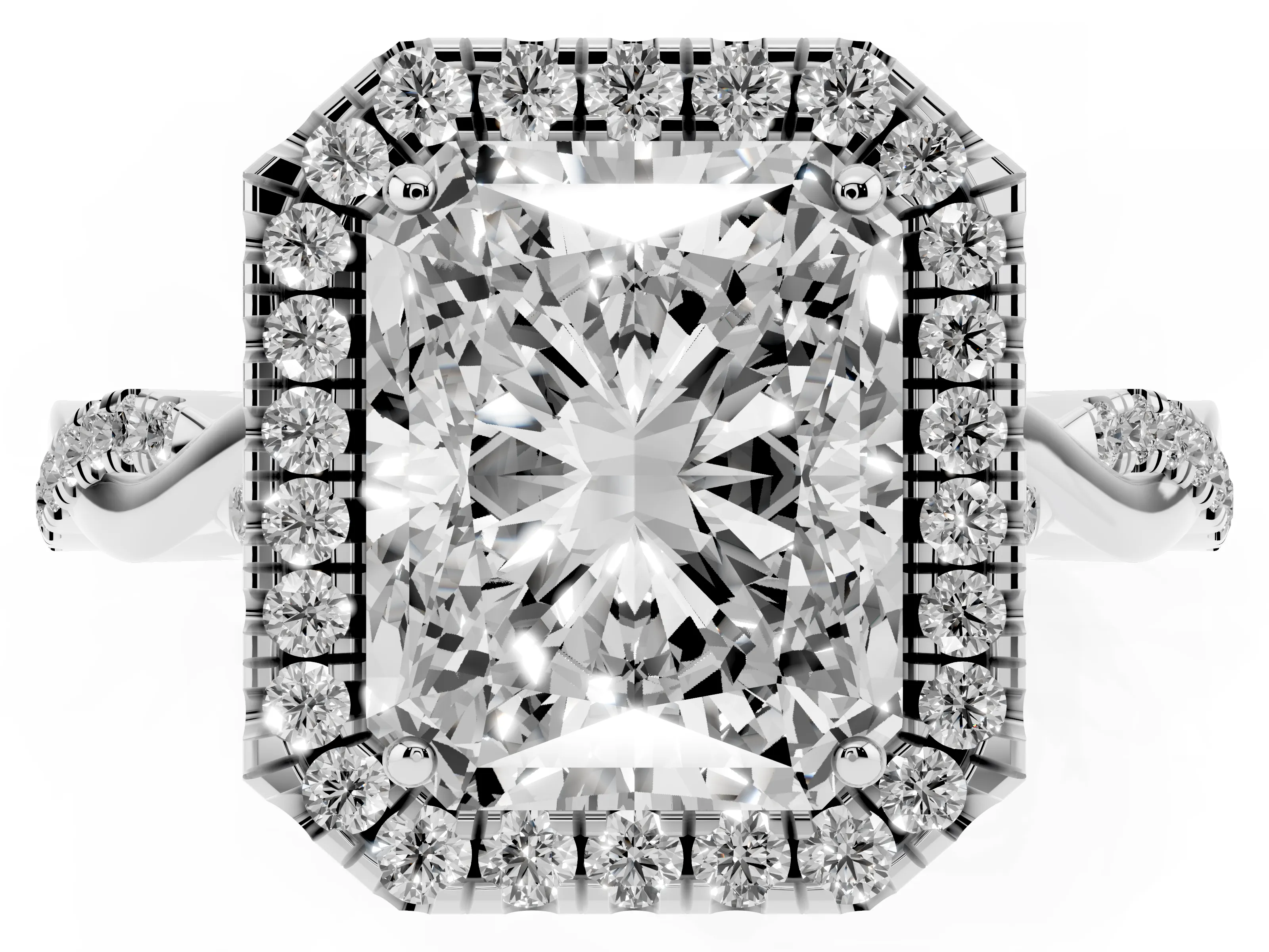 Radiant Cut Diamond Halo Twist Band Solitaire Ring Set in White gold with Prong Setting
