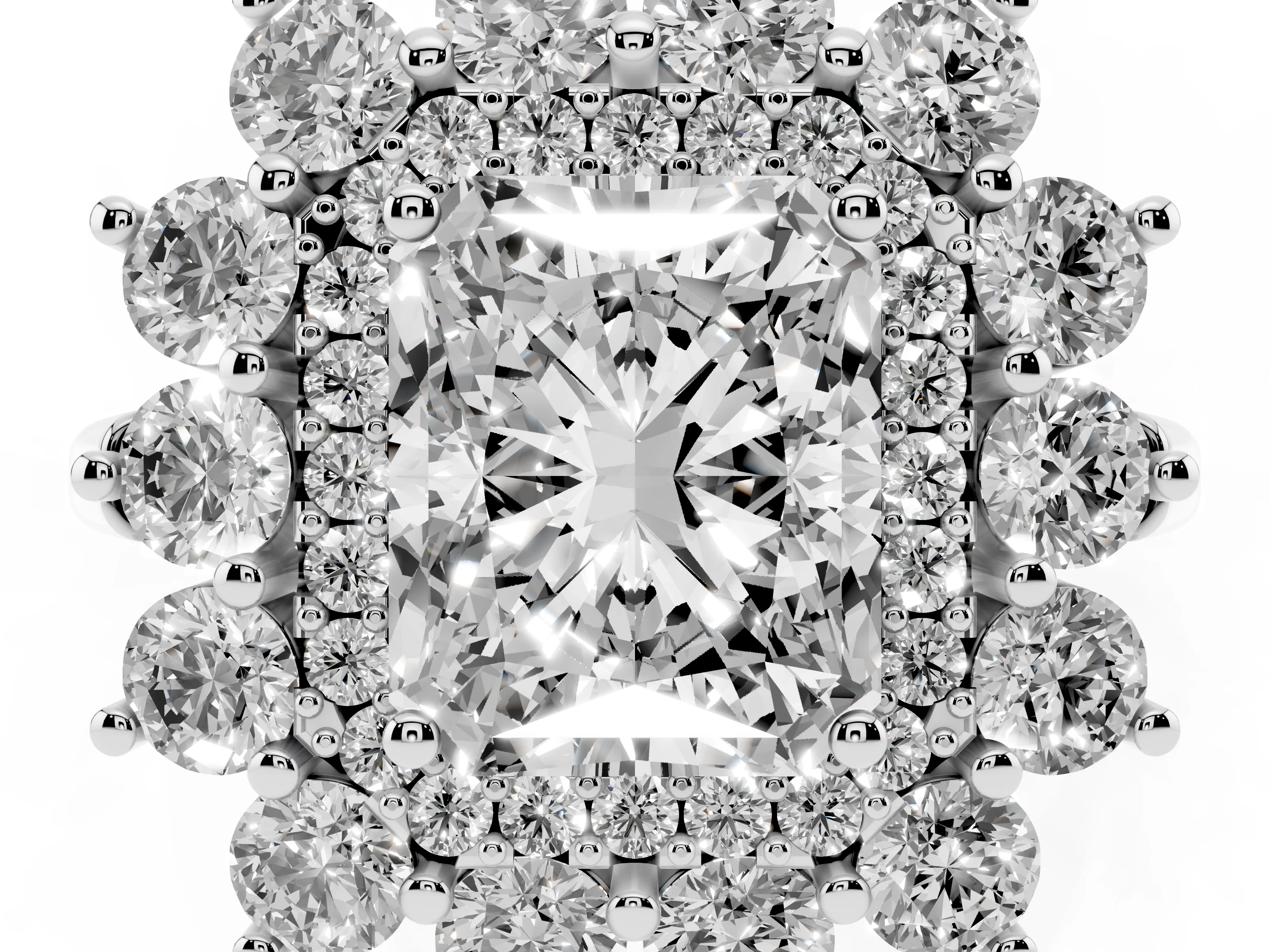 Radiant Cut Diamond Floral Double Halo Ring Set in Platinum with Round Petals