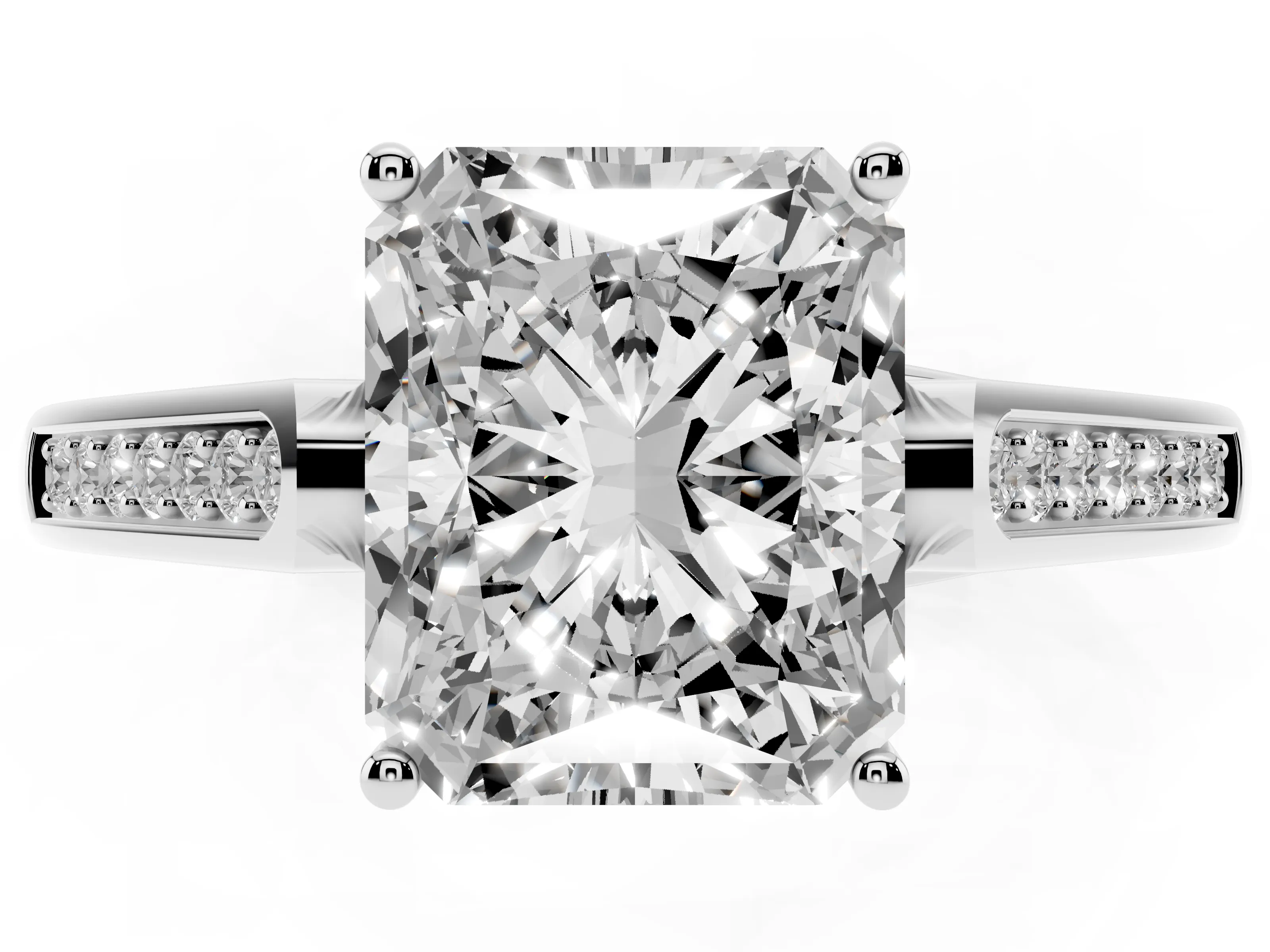 Radiant Cut Diamond Solitaire Cathedral Engagement Ring Set in Platinum with Channel-Set Band and Prong Setting