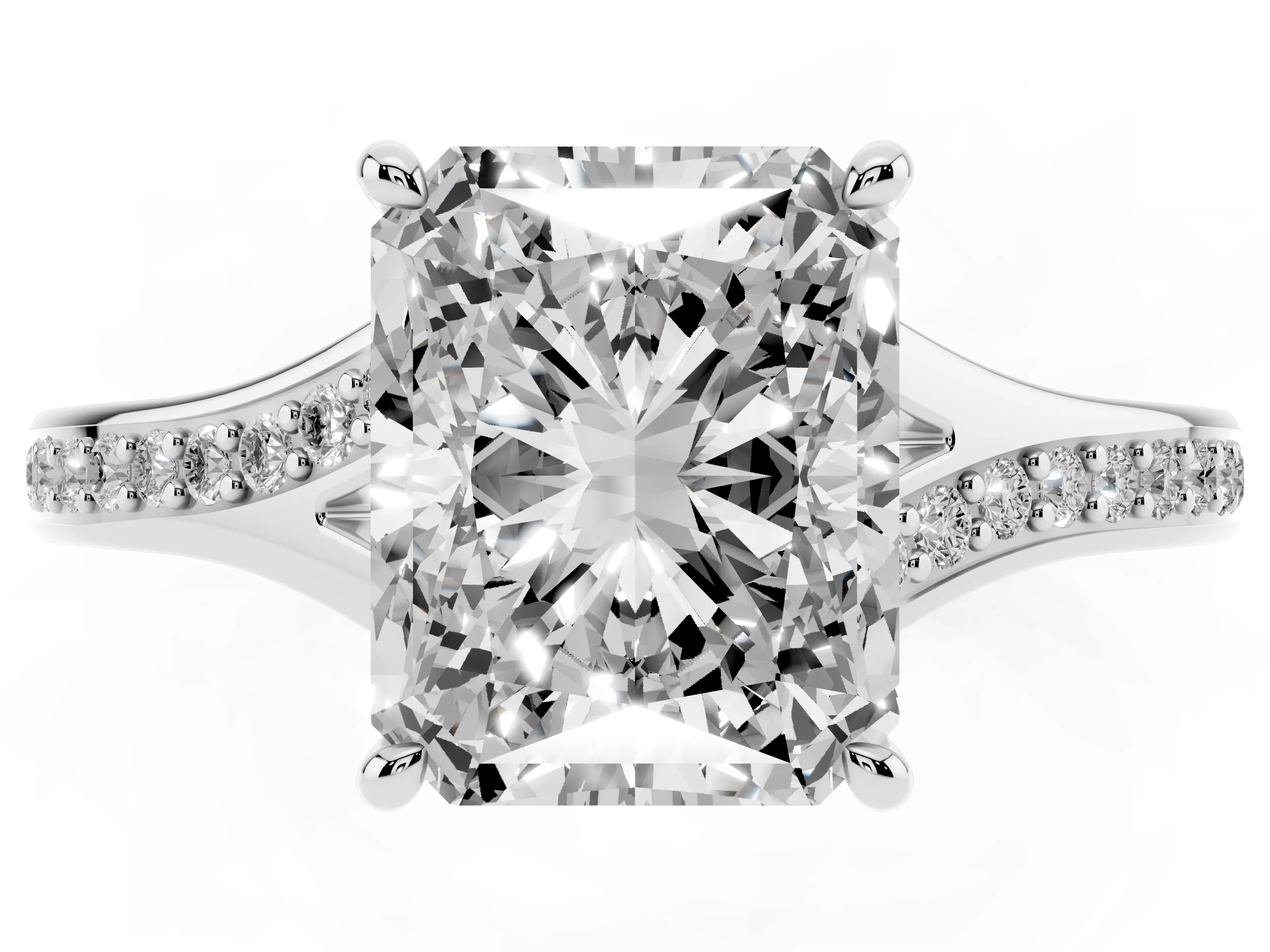 Radiant Cut Diamond Solitaire Ring Set in White gold with Pavé Accent Band and Classic Prong Setting