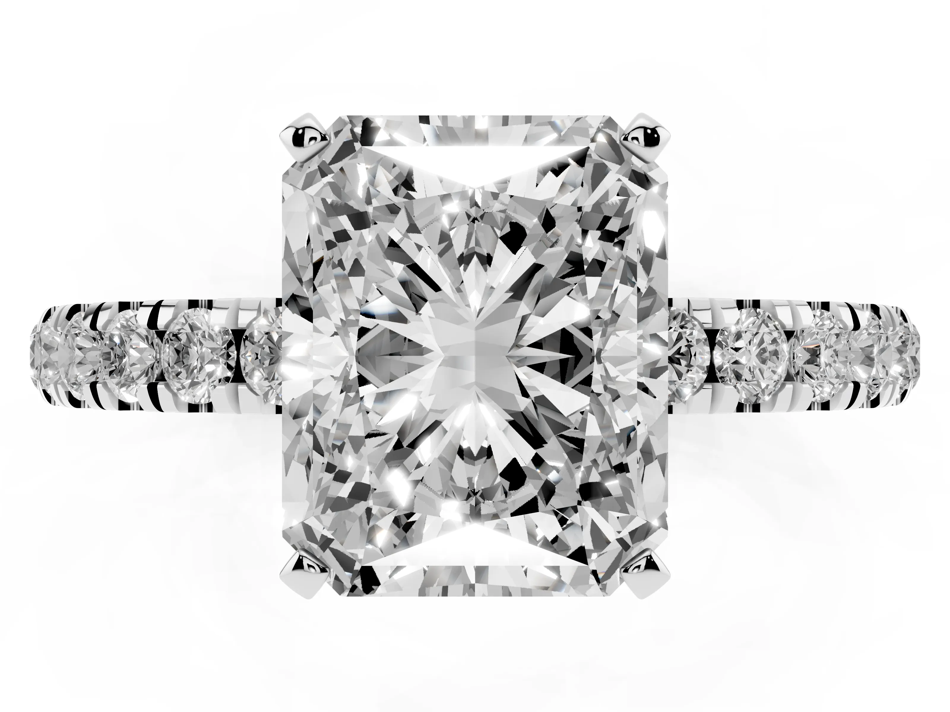 Radiant Cut Diamond Solitaire Ring Set in White gold with Pavé Accents and Prong Setting