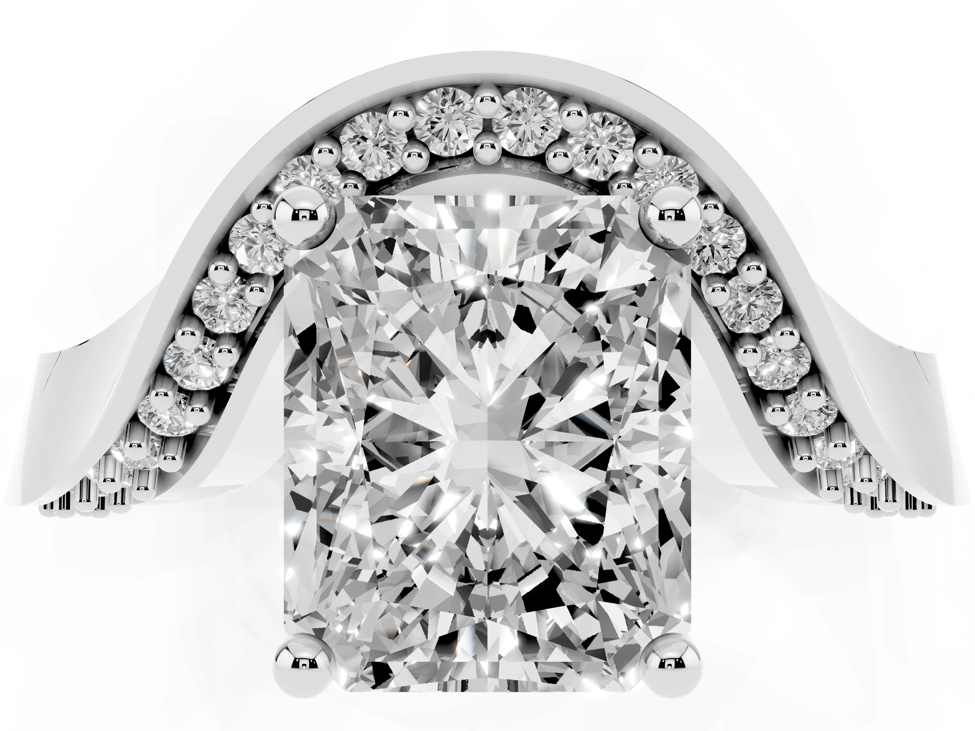 Radiant Cut Diamond Solitaire Engagement Ring Set in Silver with Pavé Shoulders