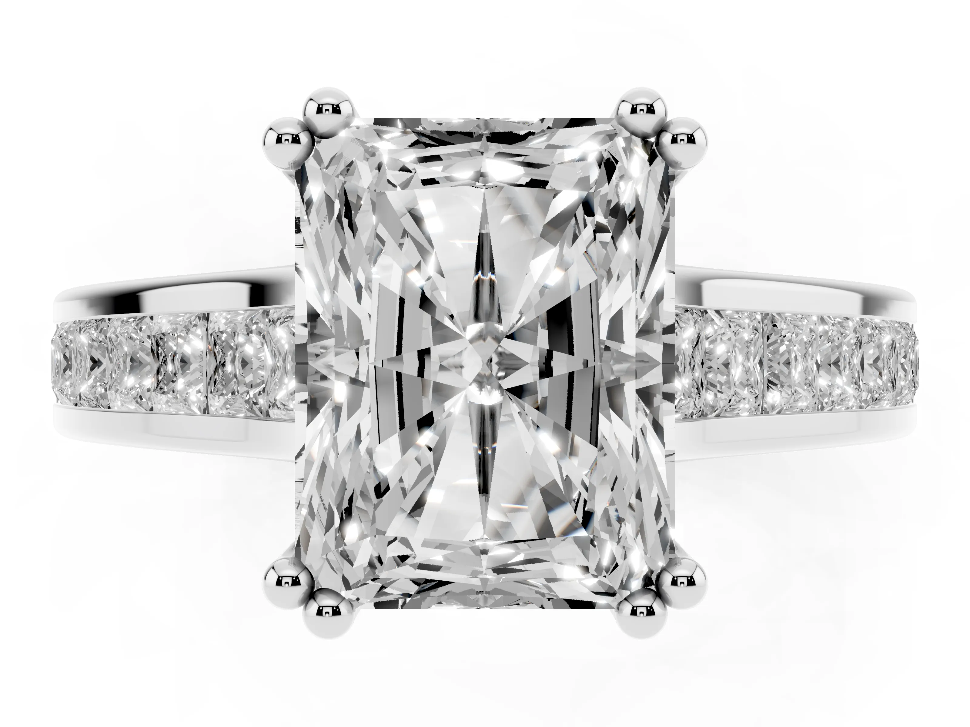 Radiant Cut Diamond Channel Set Solitaire Engagement Ring Set in White gold with Prong Setting