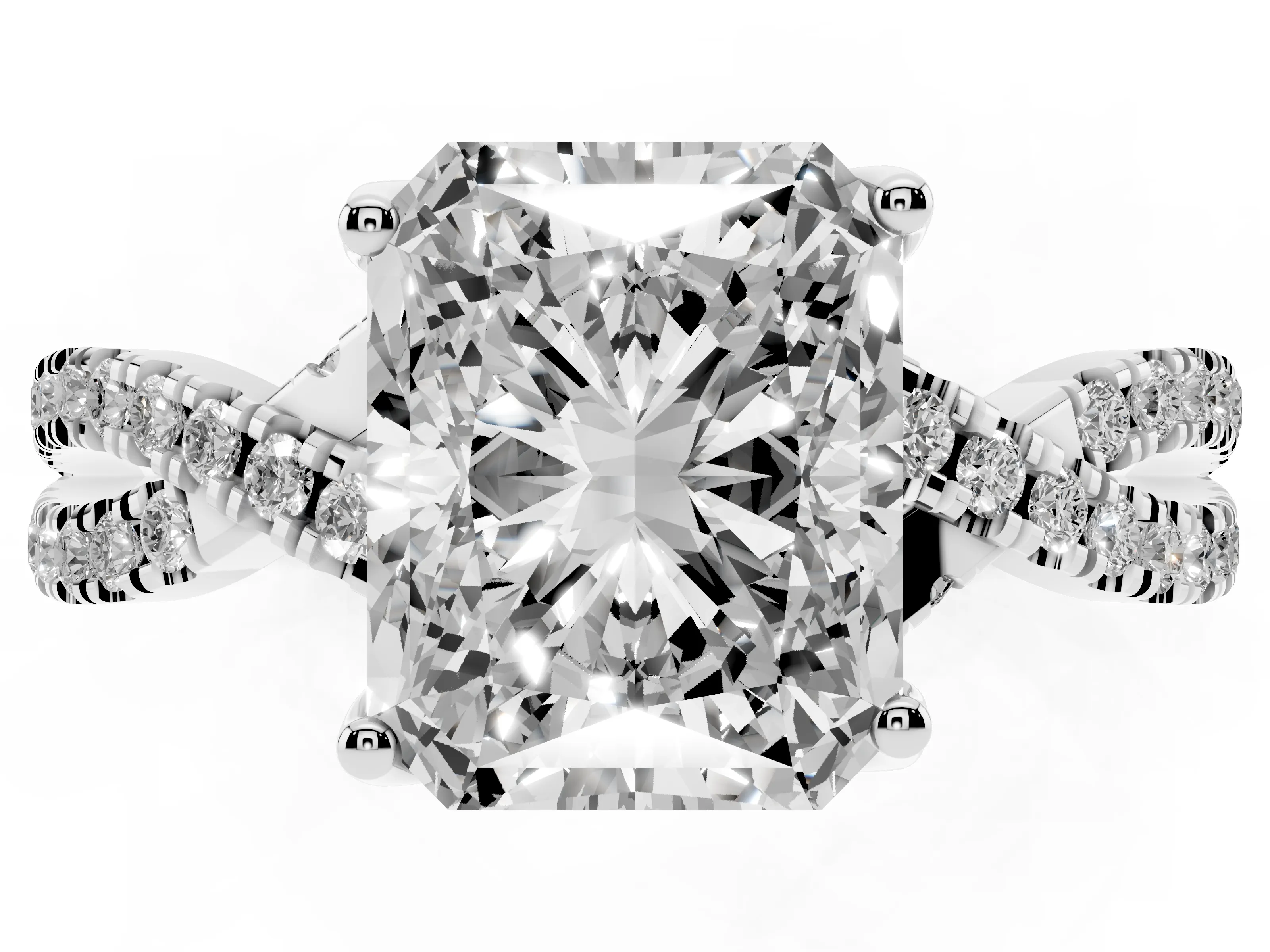 Radiant Cut Diamond Twist Pavé Solitaire Engagement Ring Set in Silver with Prong Setting