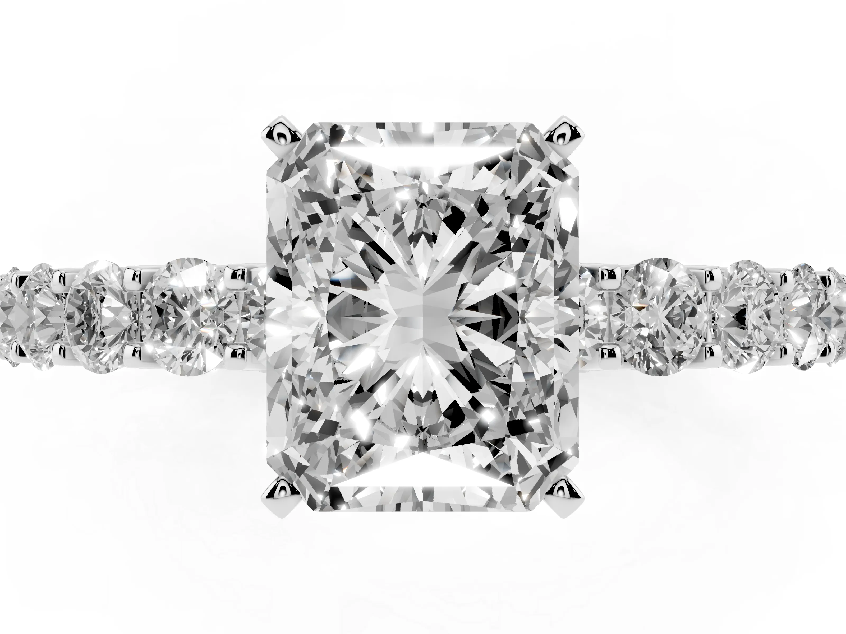 Radiant Cut Diamond Solitaire Ring Set in Silver with Shared Prong Pavé Band