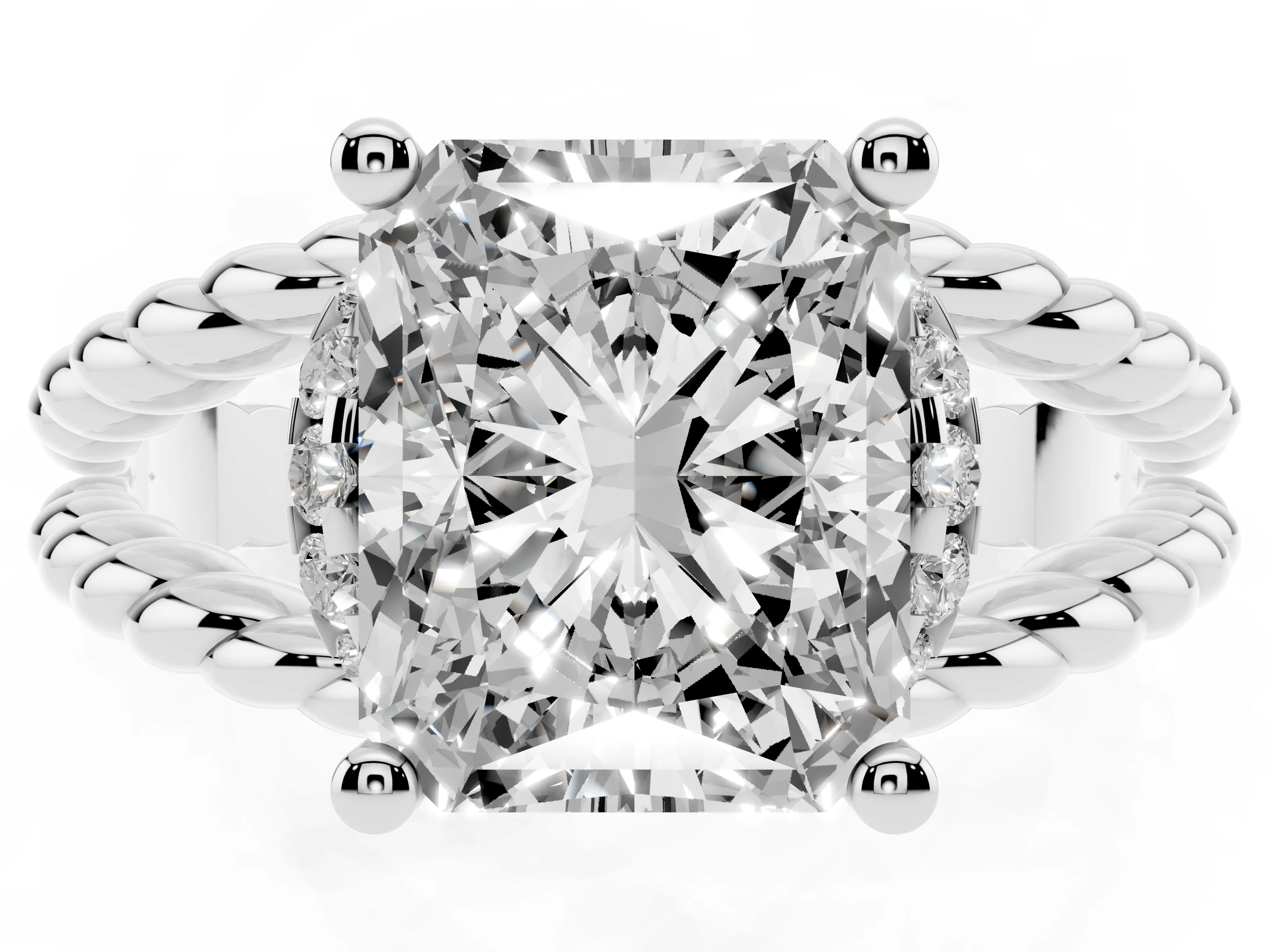 Radiant Cut Diamond Halo Ring Set in White gold with Twisted Band and Prong Setting