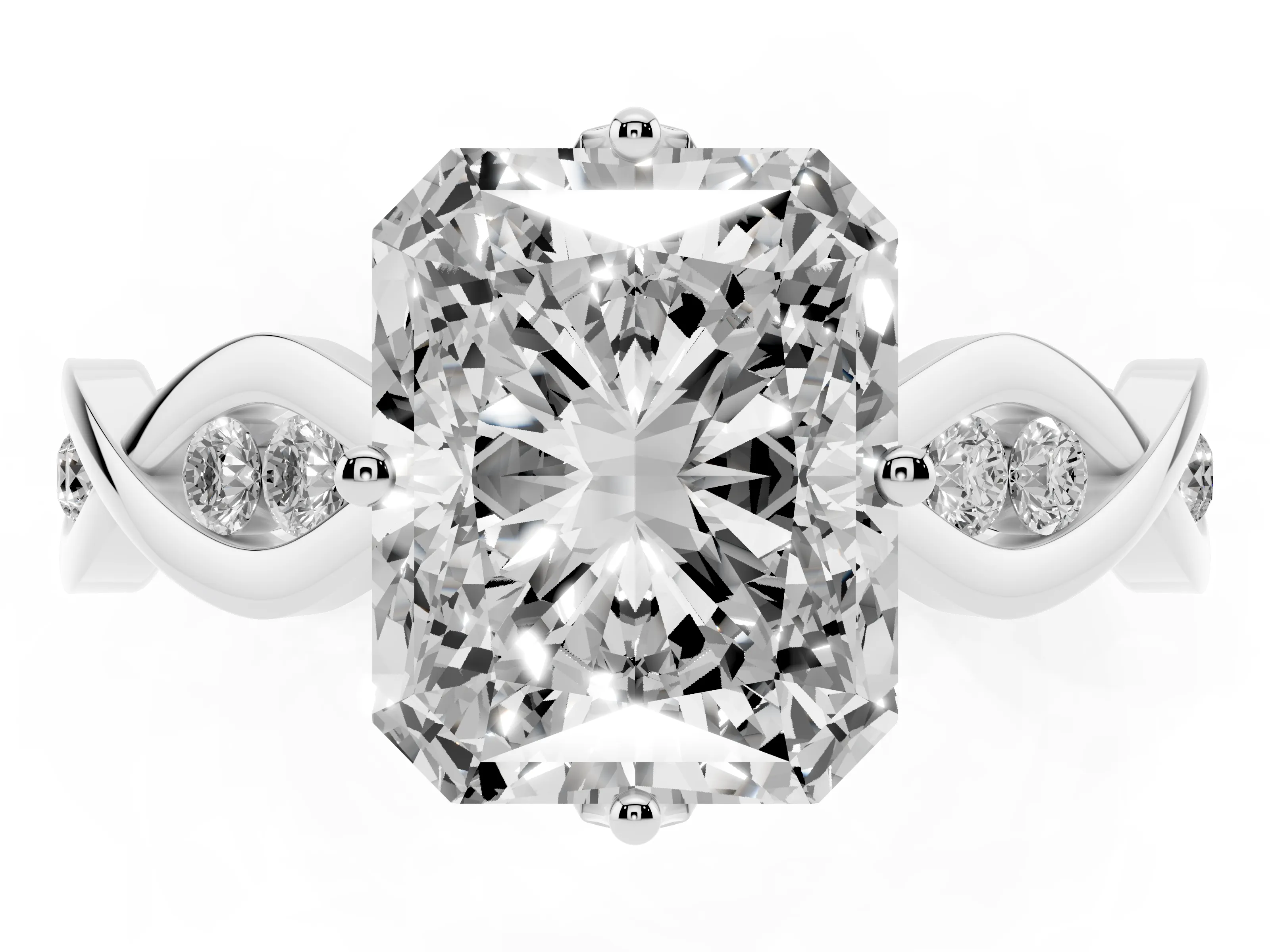 Radiant Cut Diamond Twist Band Solitaire Ring Set in Platinum with Leaf Prong Setting and Accent Stones