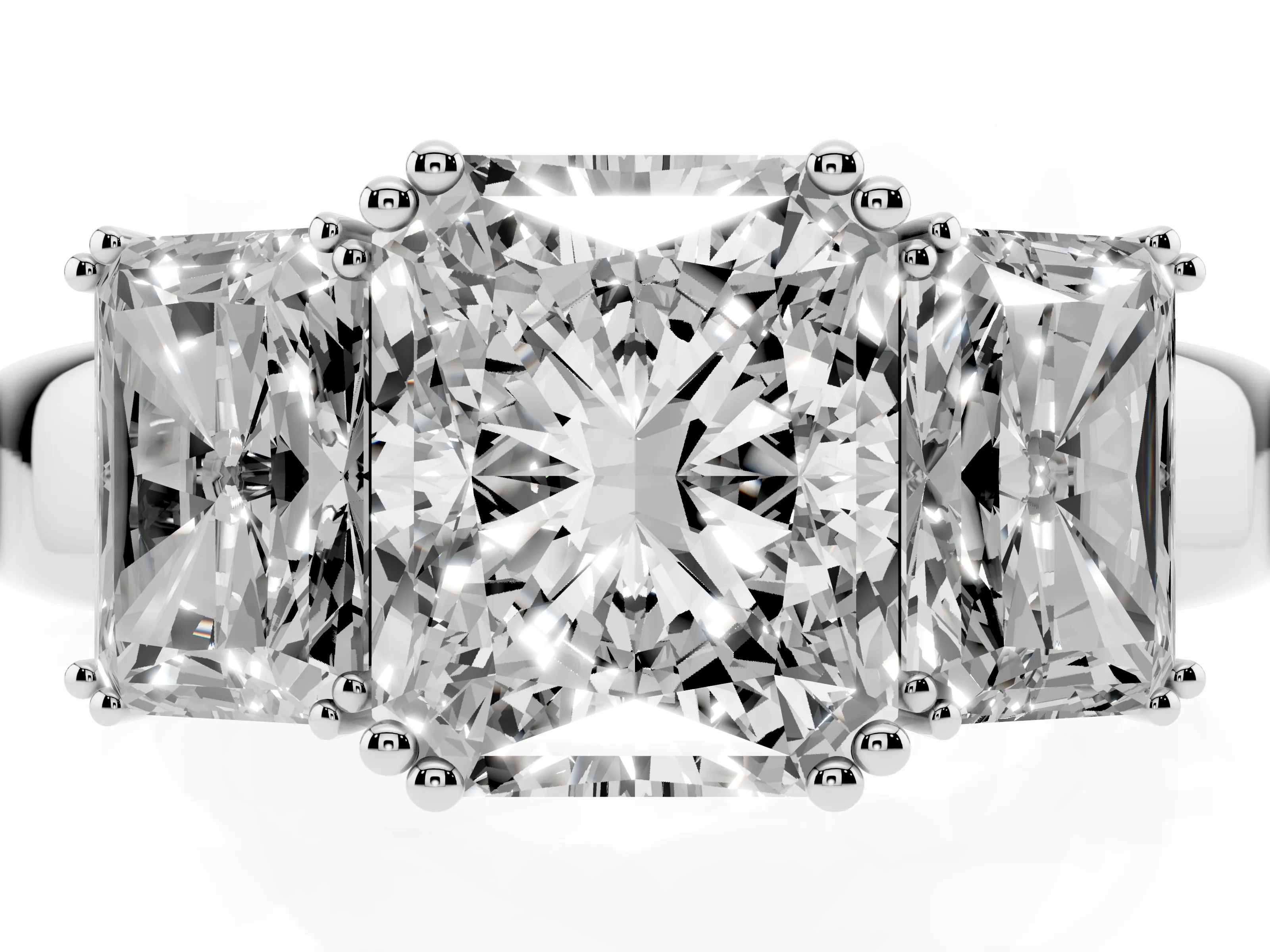 Radiant Cut Diamond Three-Stone Ring Set in White gold with Polished Channel-Set Band