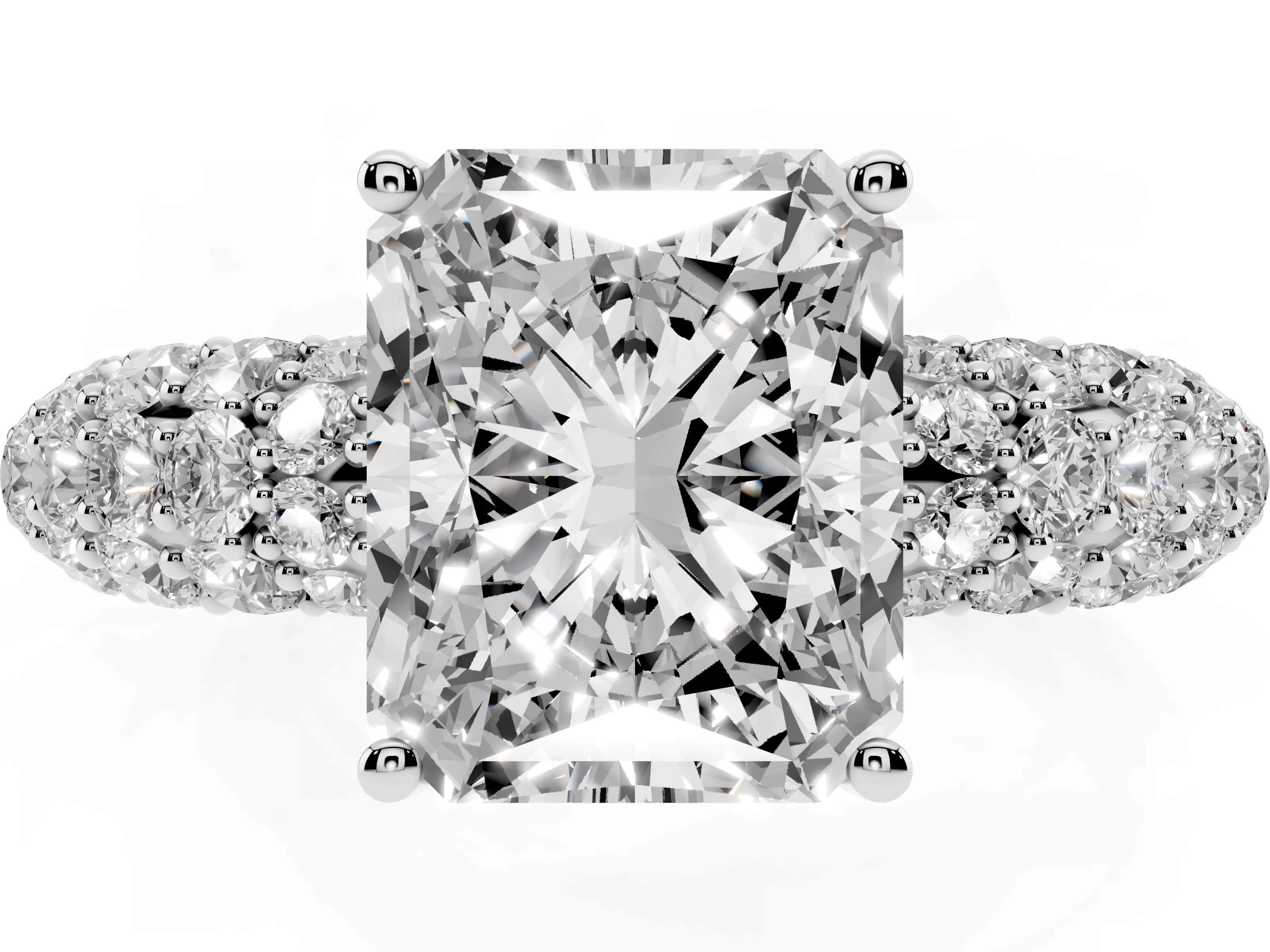 Radiant Cut Diamond Pavé Band Solitaire Ring Set in White gold with Close-Set Accent Stones and Prong Setting