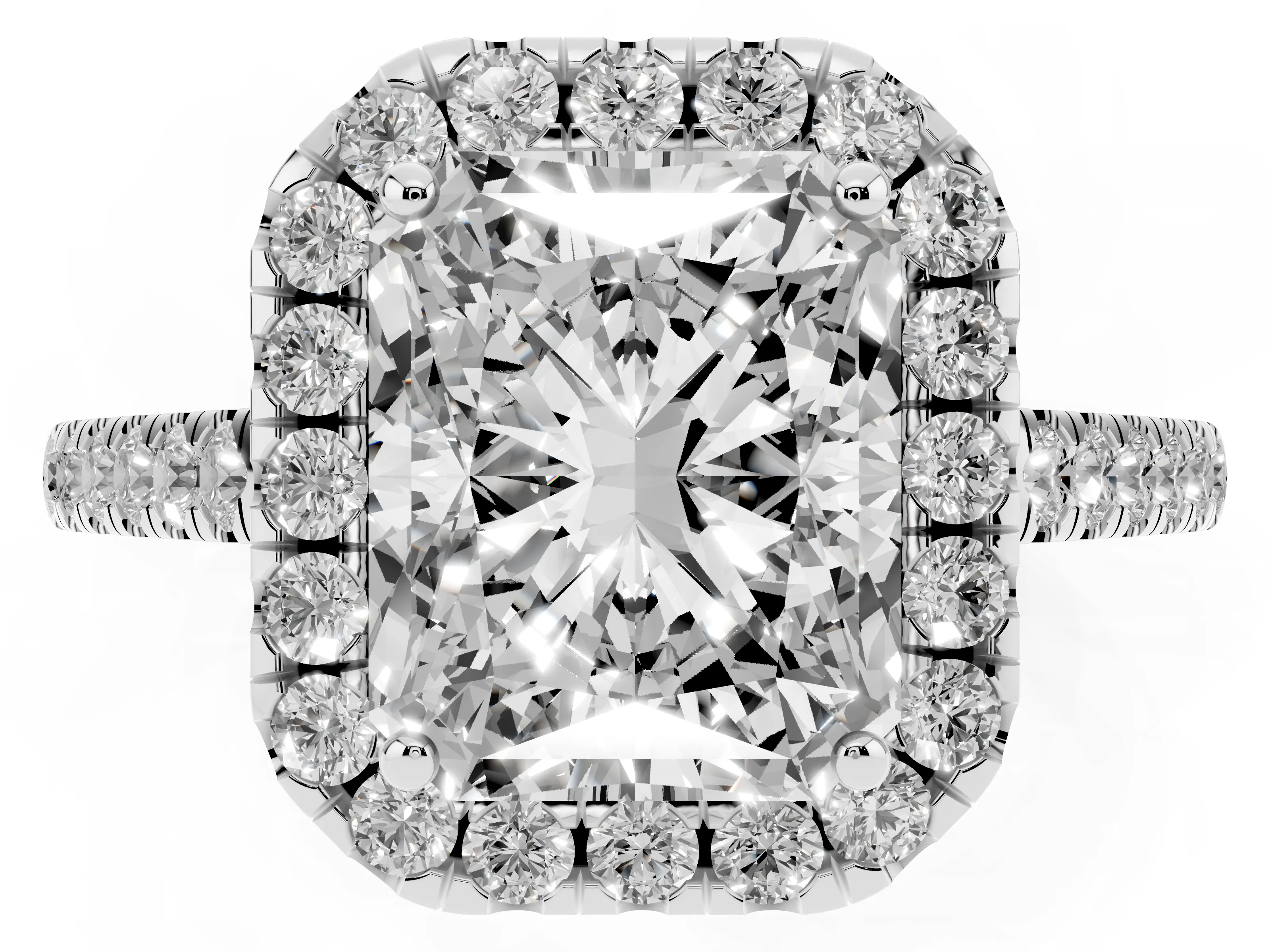 Radiant Cut Diamond Pavé Halo Engagement Ring Set in White gold with Pavé Band and Prong Setting